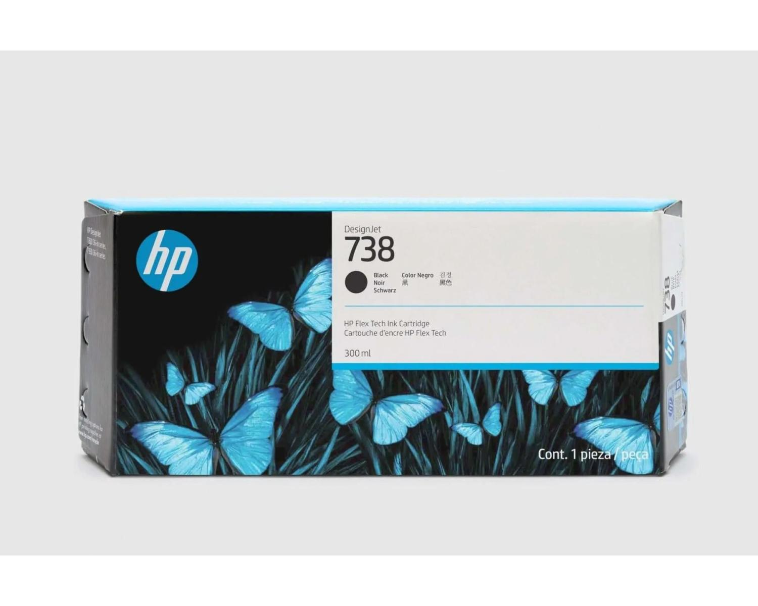 Cartuccia d'inchiostro nero HP DesignJet 738 con farfalle blu sulla confezione.