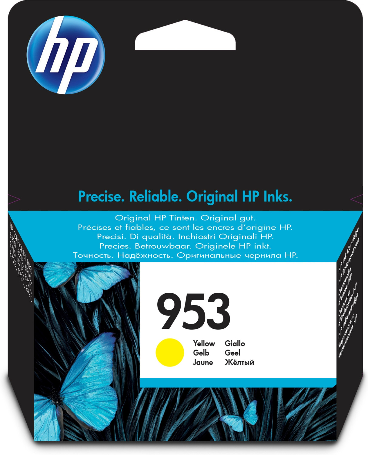 Cartuccia d'inchiostro HP 953 gialla con design farfalla e logo HP.