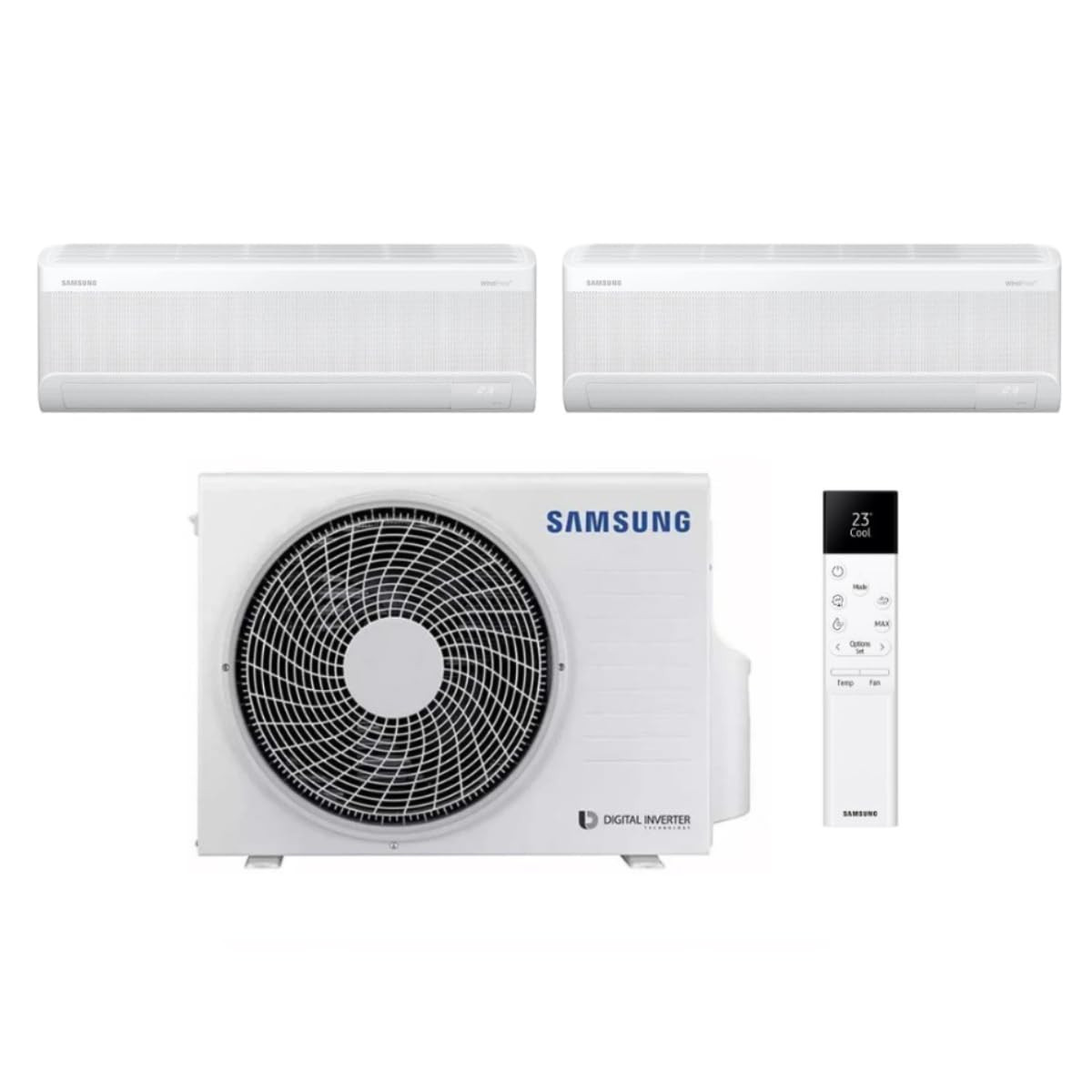 Unità di condizionamento Samsung bianca con due unità interne e telecomando.