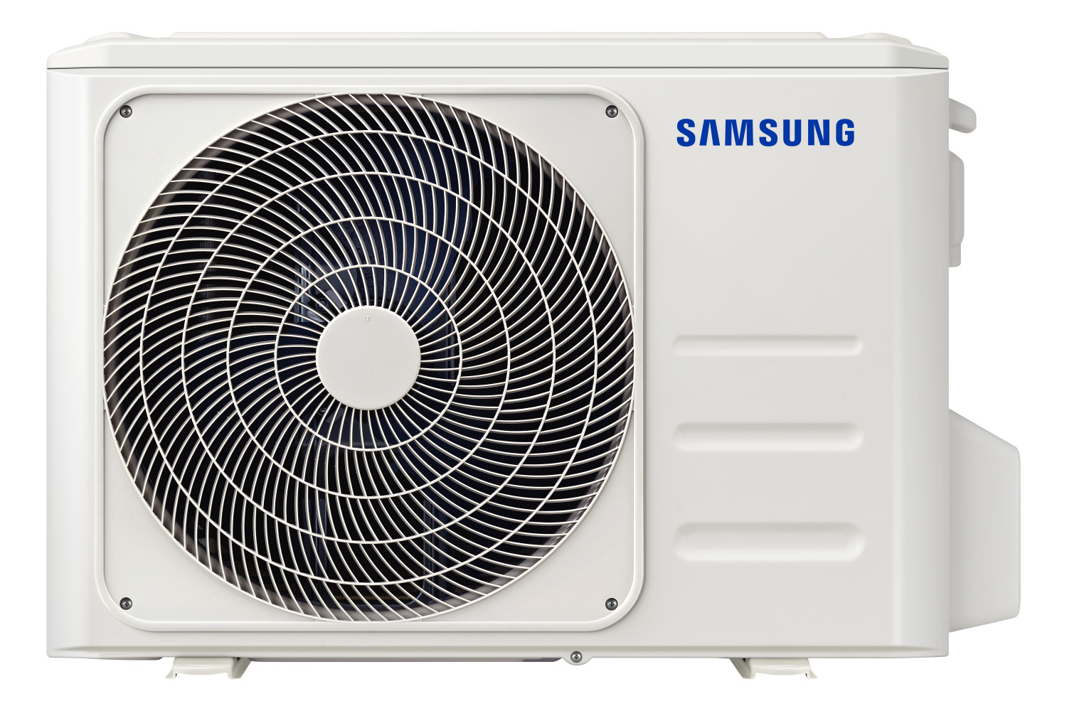 Unità esterna condizionatore Samsung bianca con grande griglia ventola e logo blu.
