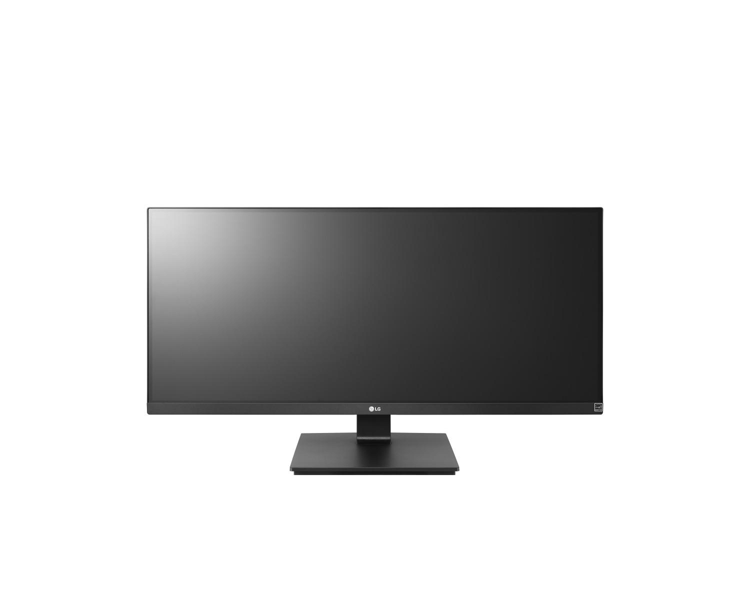 Un monitor LG nero si trova su uno sfondo bianco.