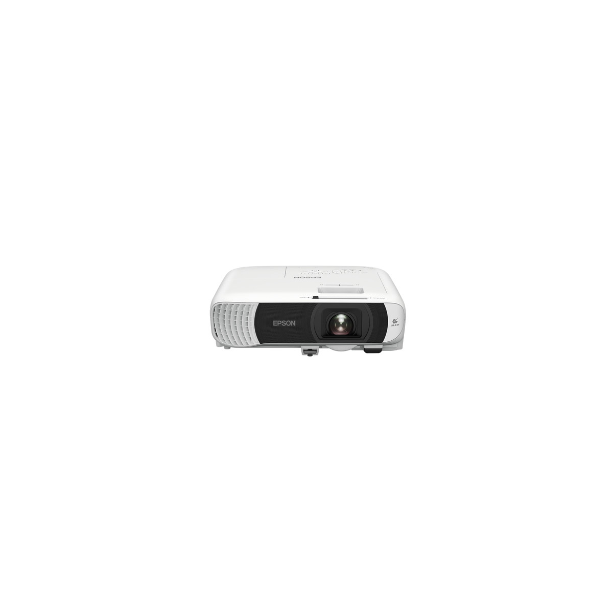 A white Epson projector with a black lens and vents is centered in the frame.