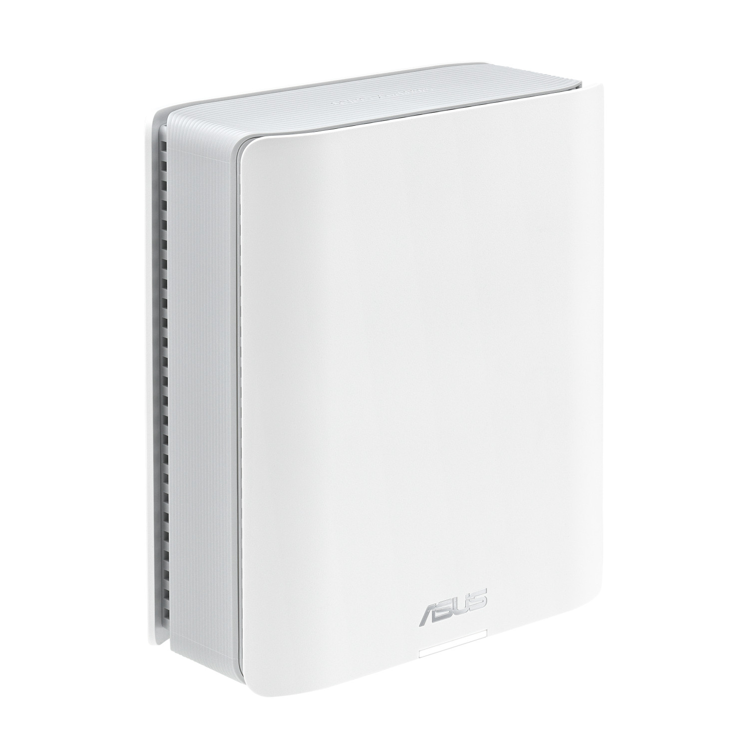 Ein weißer ASUS Router mit gerillten Seiten und Oberseite, auf weißem Hintergrund.