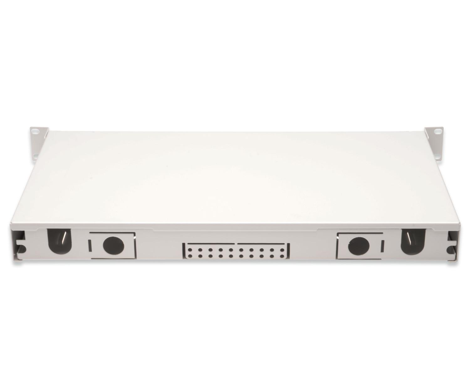 Un enclosure bianco da montaggio rack con porte e slot sul pannello frontale.