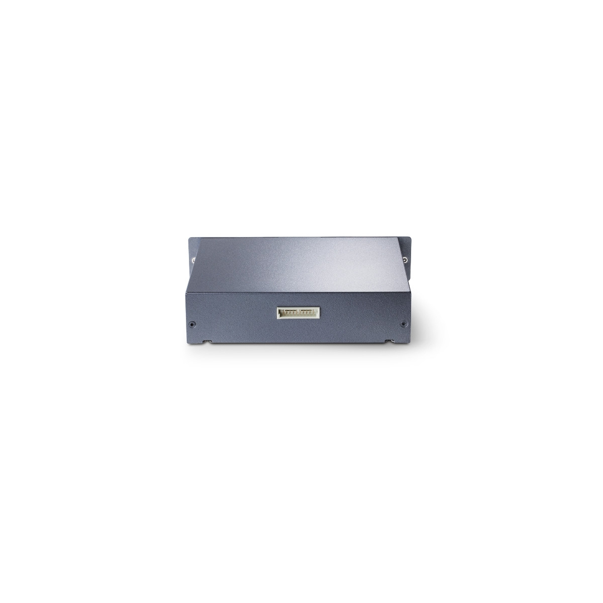 Contenitore metallico grigio con un singolo connettore frontale.