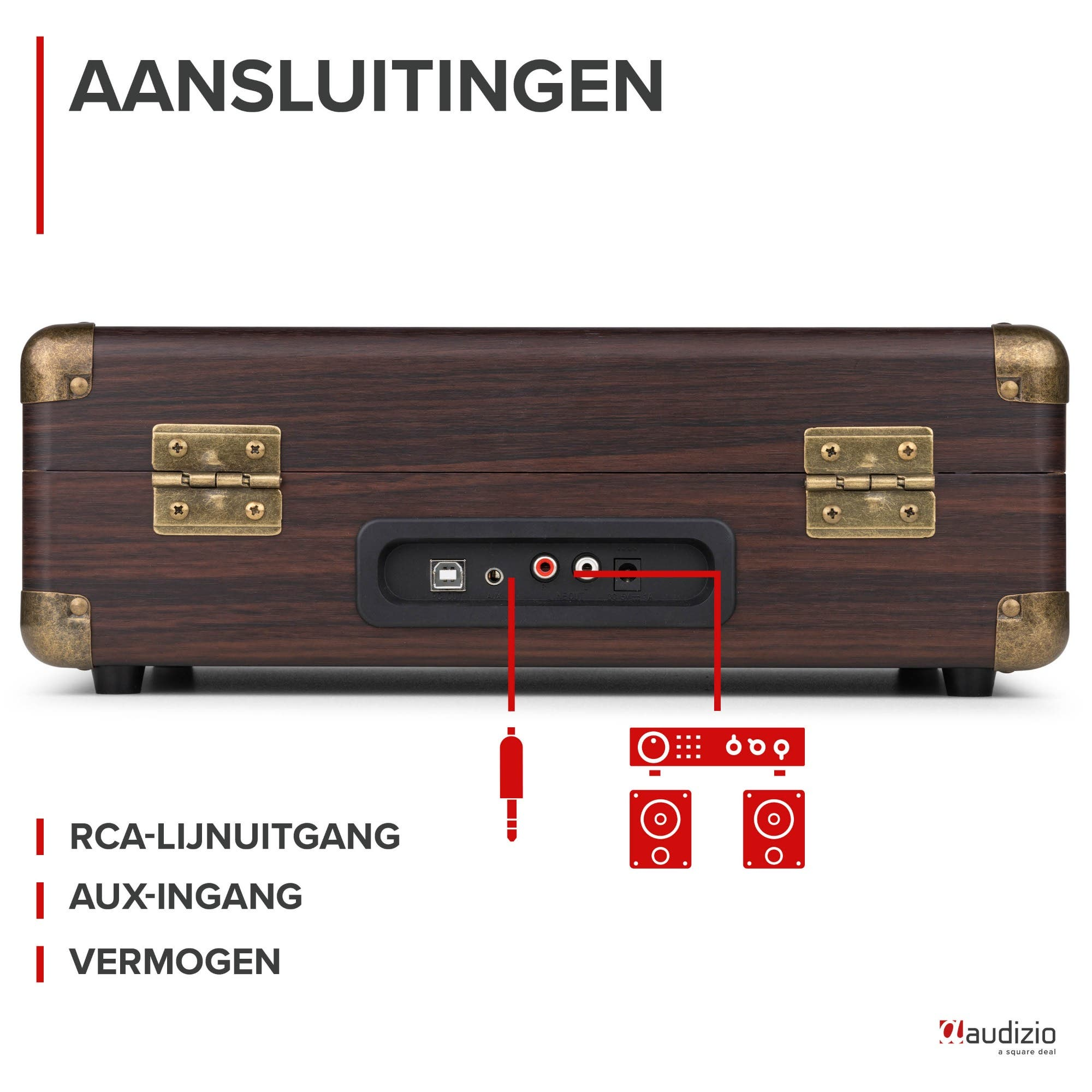 Parte trasera de un tocadiscos con puertos: USB, AUX, salida RCA. Cables rojos conectan.