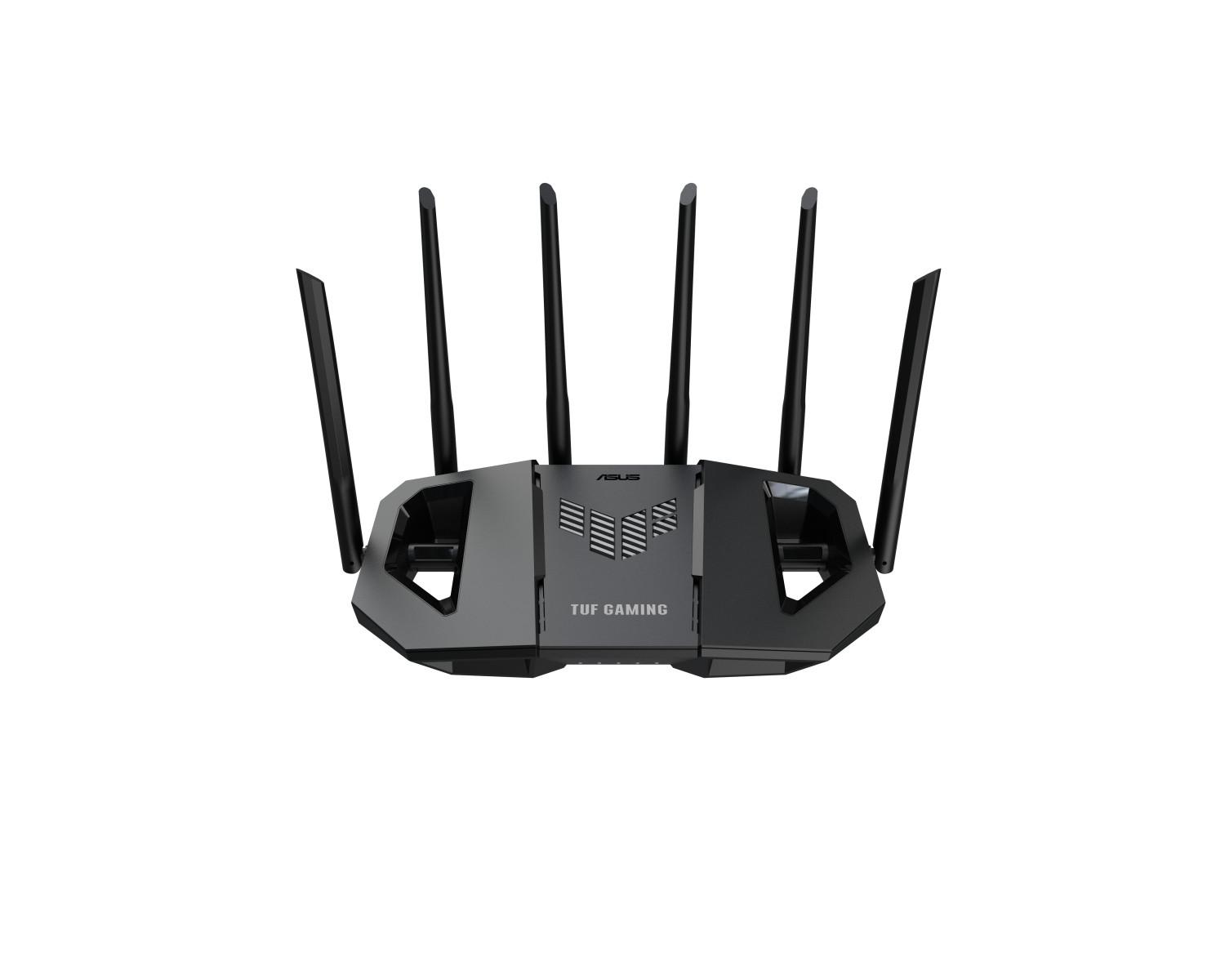 Ein schwarzer Asus TUF Gaming Router mit sechs Antennen ist vor weißem Hintergrund abgebildet.