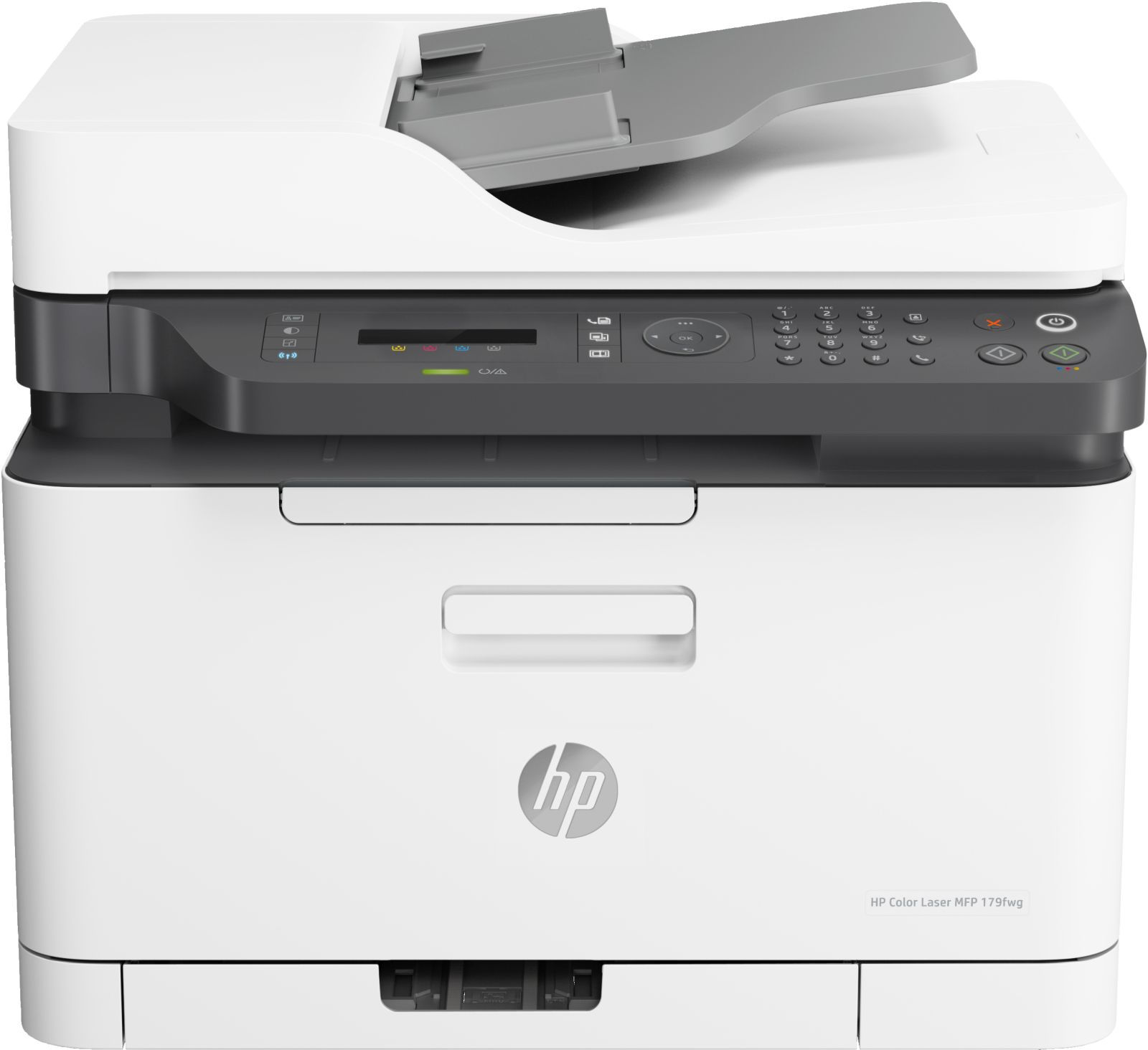 Une imprimante HP Color Laser MFP 179fwg blanche avec scanner et clavier.