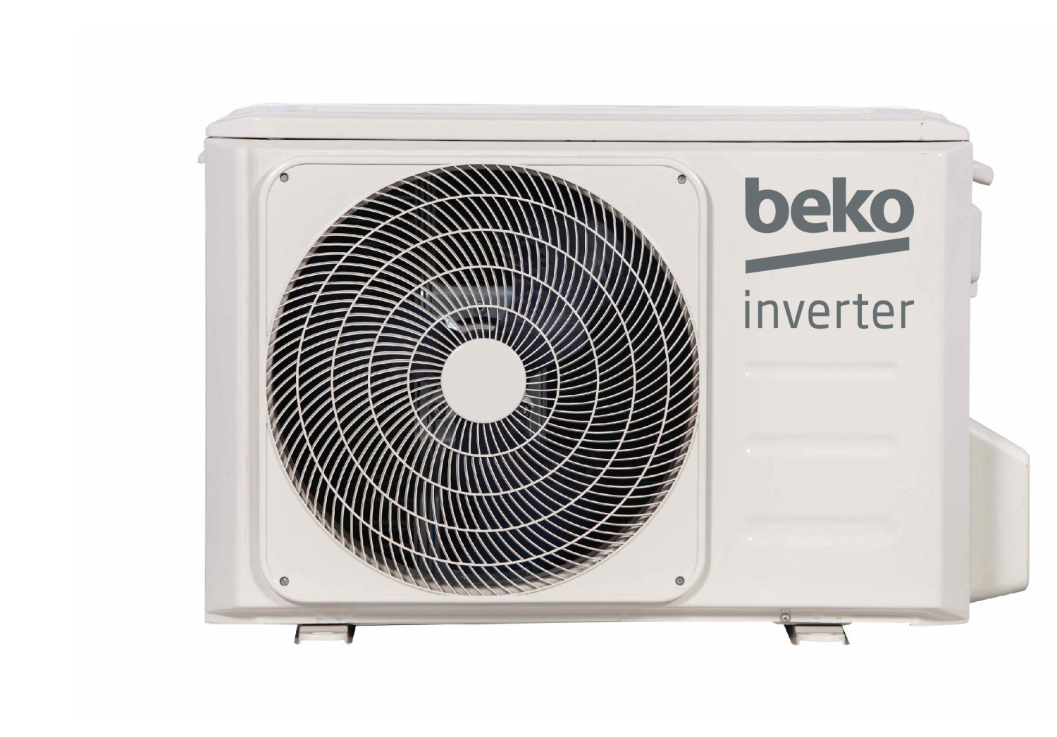 Unità esterna Beko inverter bianca con griglia ventola e logo aziendale.