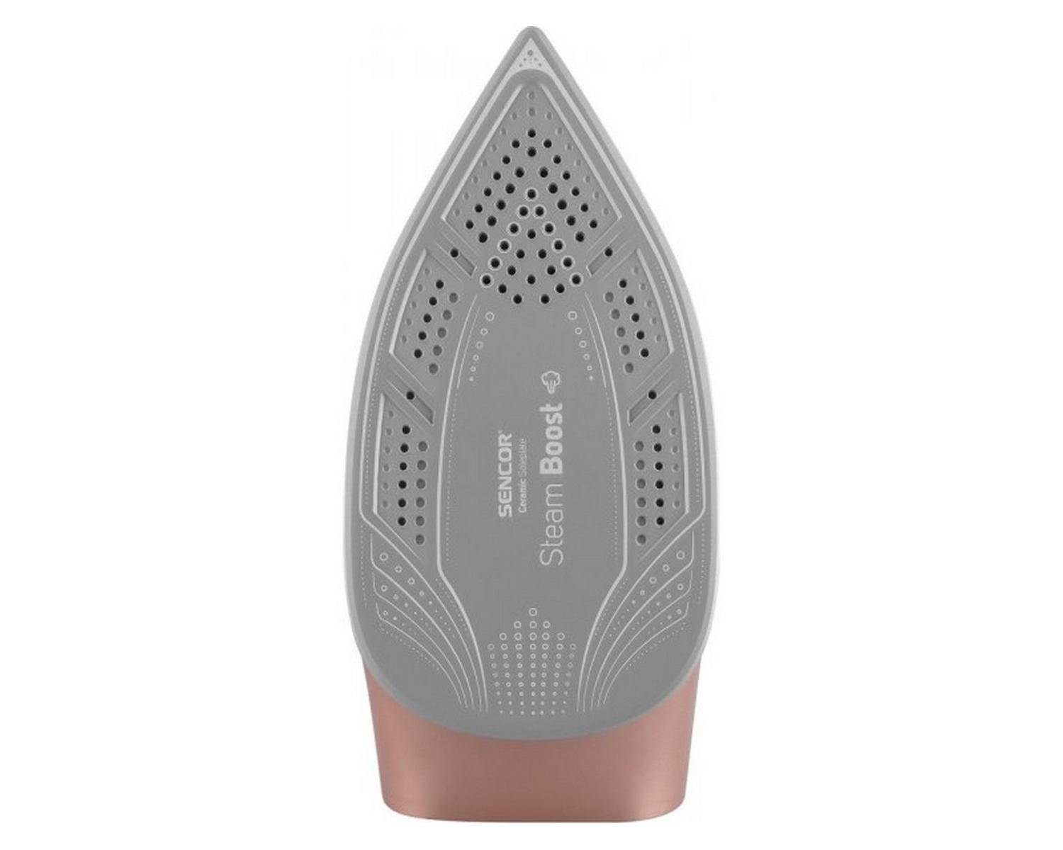 Piastra per ferro da stiro grigia con scritta Steam Boost e fori di ventilazione.