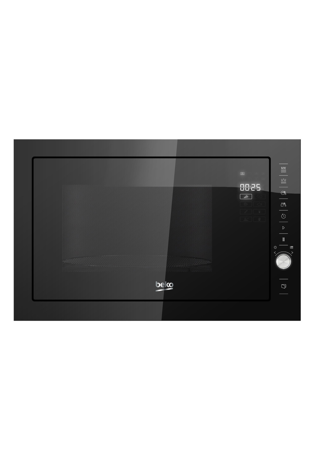 Un horno microondas Beko negro con pantalla digital mostrando 00:25 y varios botones.