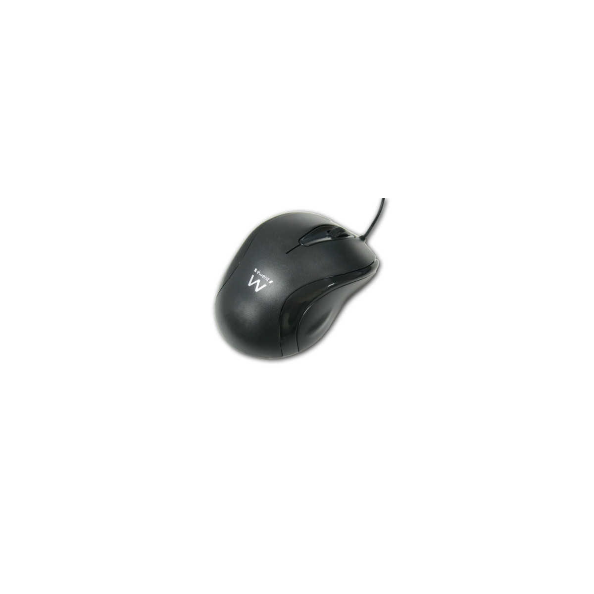 Un mouse per computer nero con cavo e logo "W".