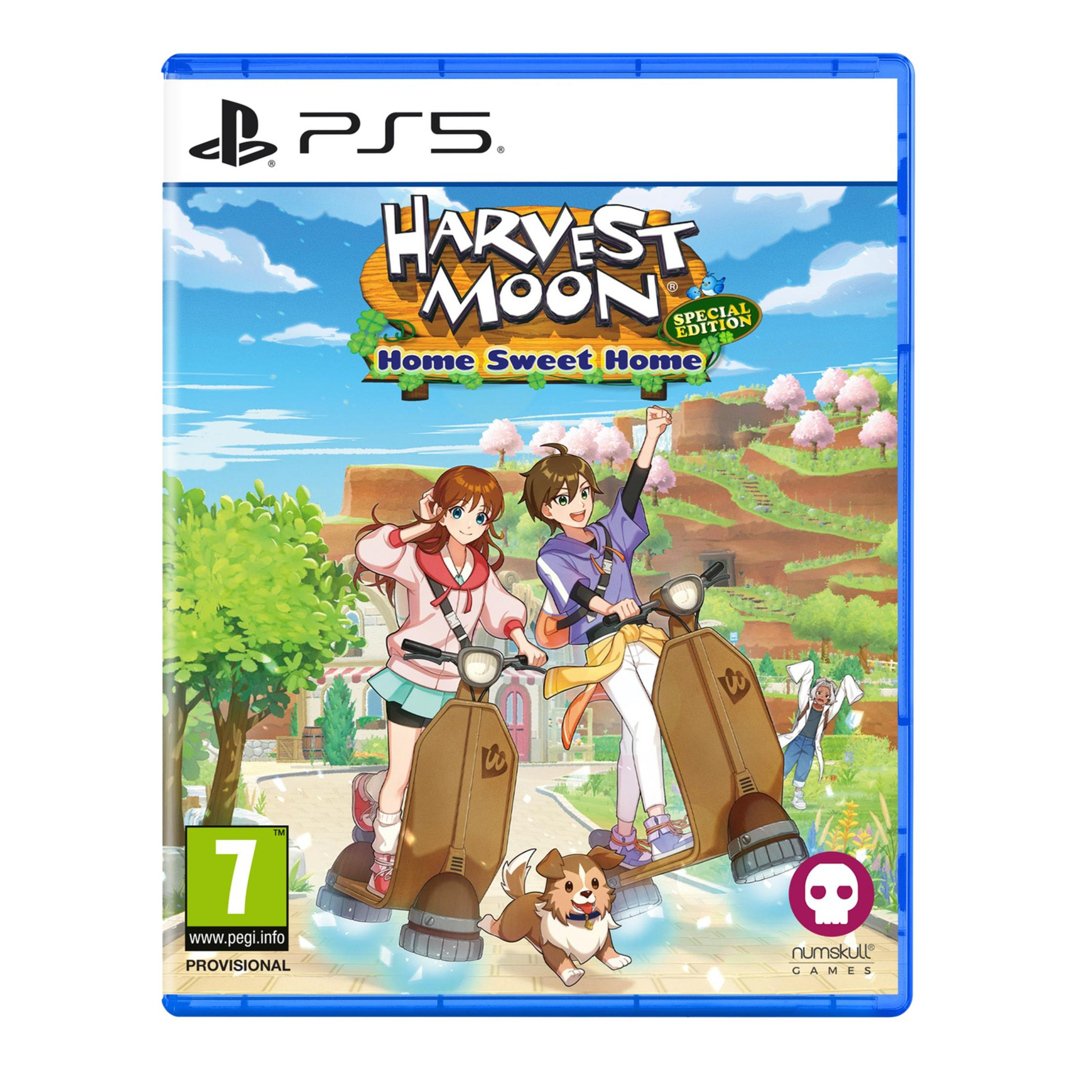Copertina del gioco PS5 Harvest Moon Special Edition con due personaggi su scooter e un cane.