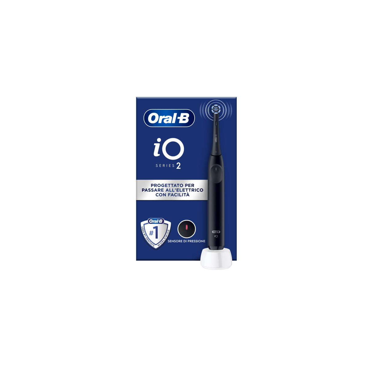 Schwarze Oral-B iO Series 2 Zahnbürste auf weißem Ladegerät, mit Verpackung.
