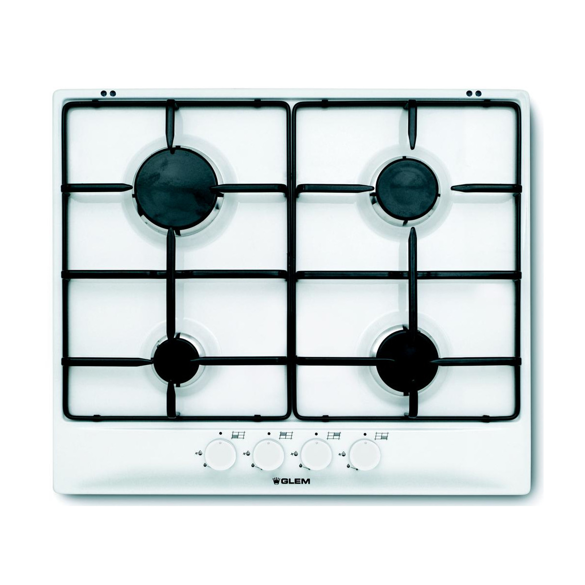 Piano cottura a gas bianco con quattro bruciatori neri e manopole.