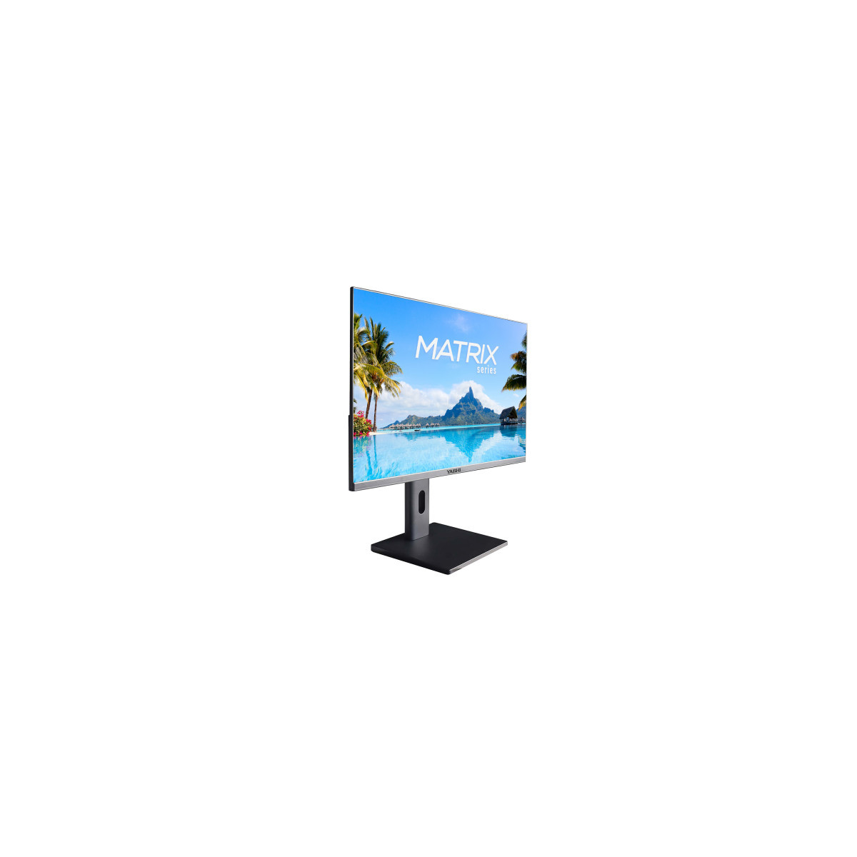 Un monitor que muestra un salvapantallas tropical de palmeras y montañas.