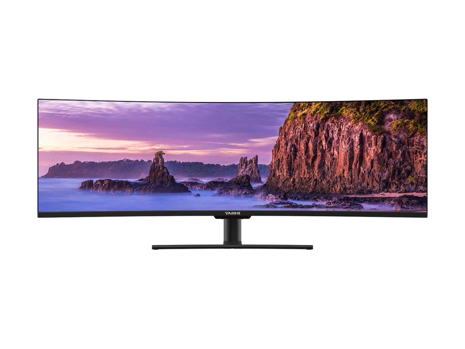 Un monitor curvo mostra una costa rocciosa al tramonto.
