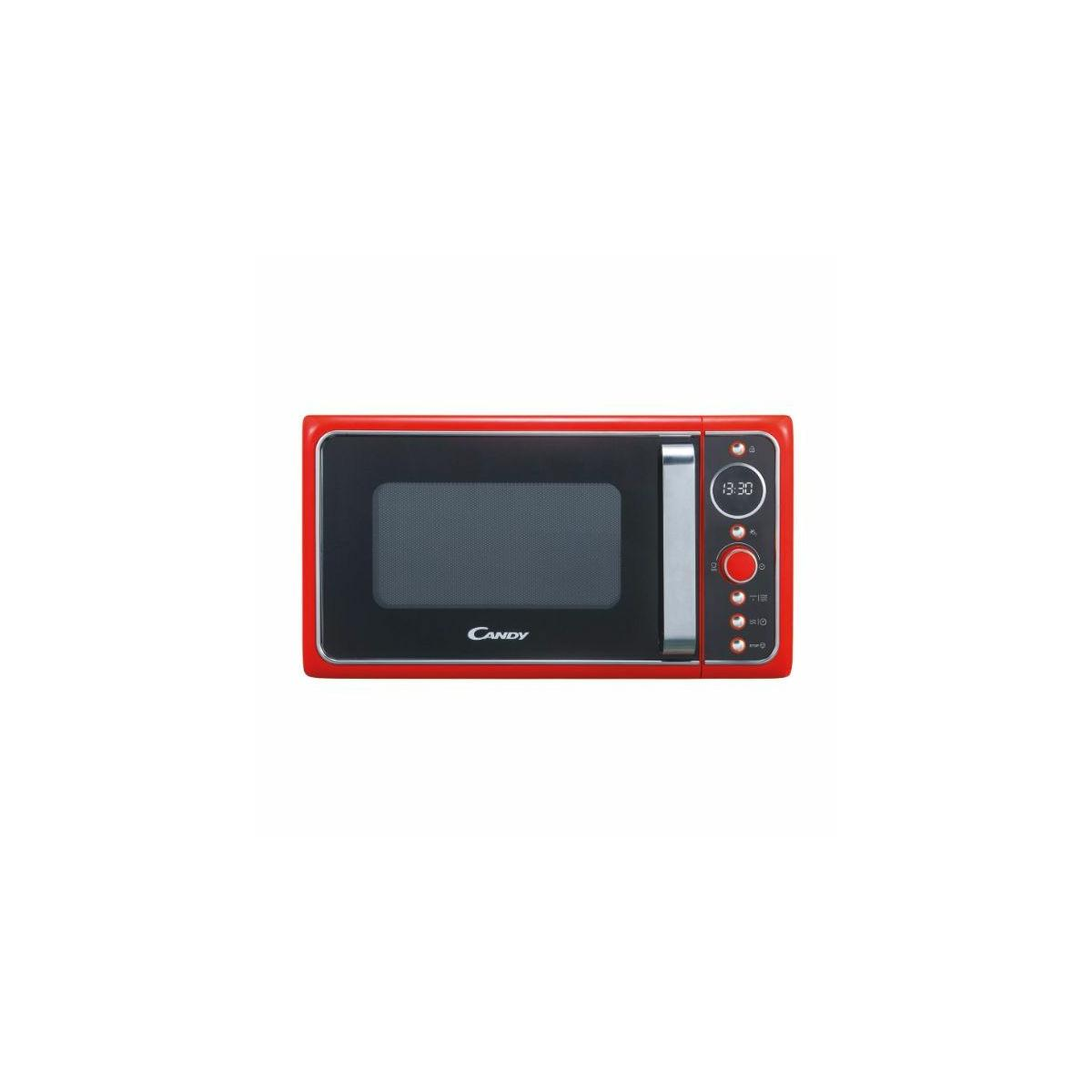 Rode magnetron met zilveren handvat en digitaal display. Knoppen aan de rechterkant.
