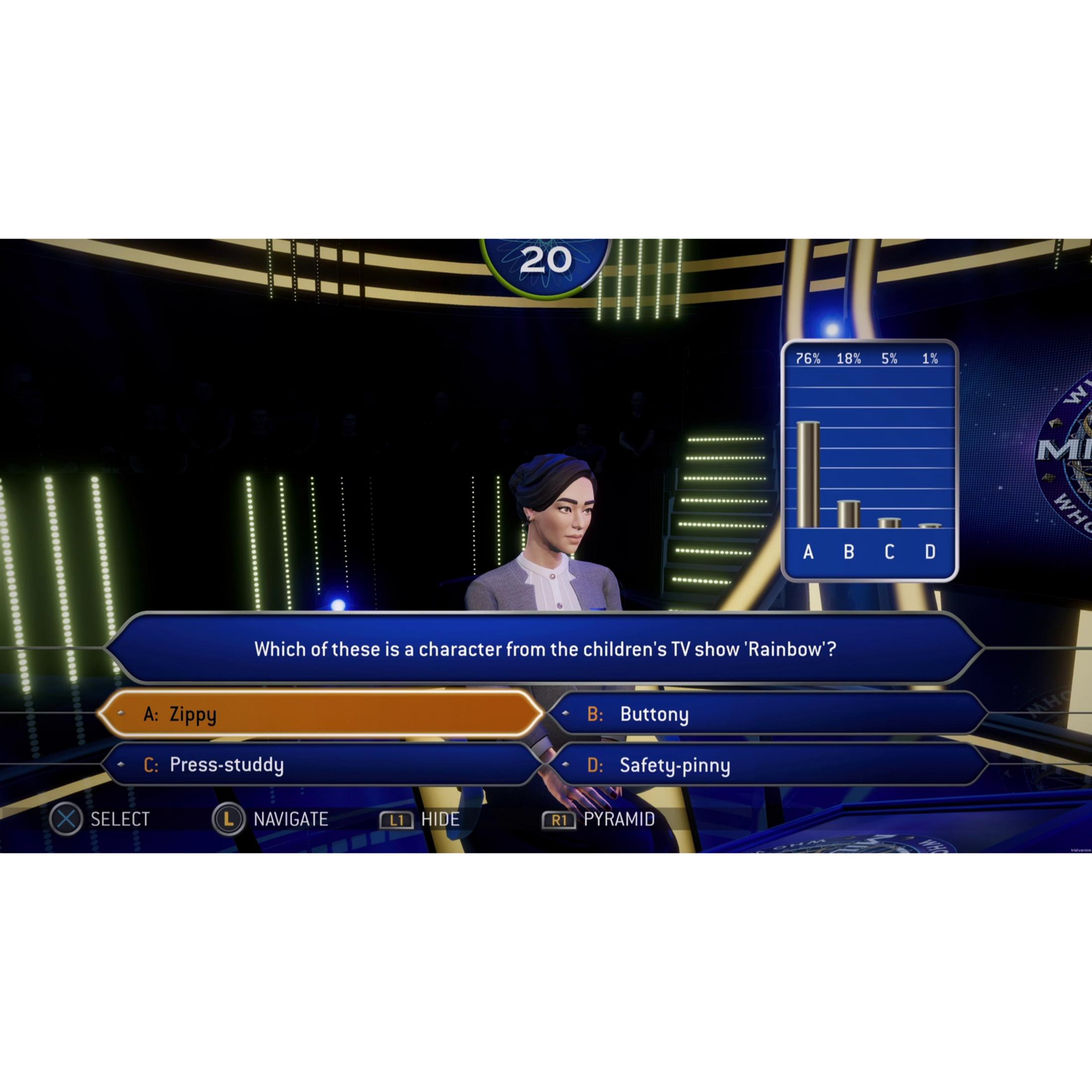 Un juego de preguntas con una presentadora y respuestas de opción múltiple.