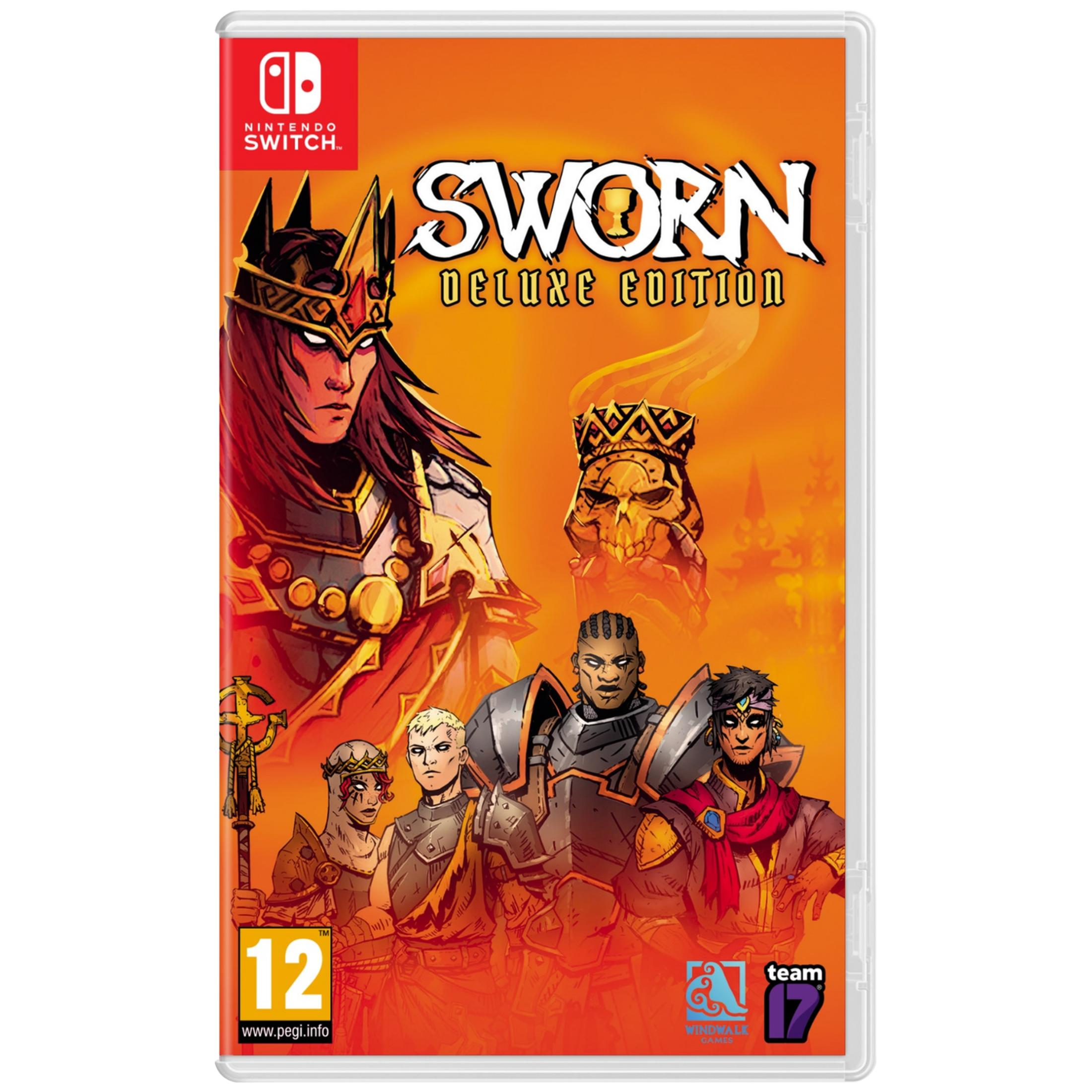 Copertina gioco Nintendo Switch 'Sworn Deluxe Edition' con personaggi ed emblema teschio.