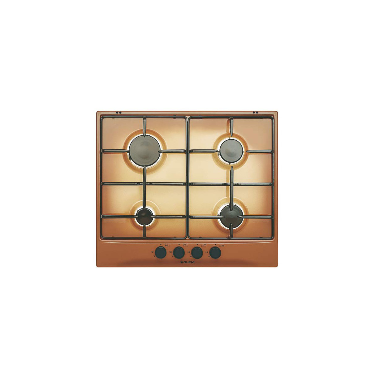 Un piano cottura a gas color bronzo con quattro bruciatori neri e manopole.