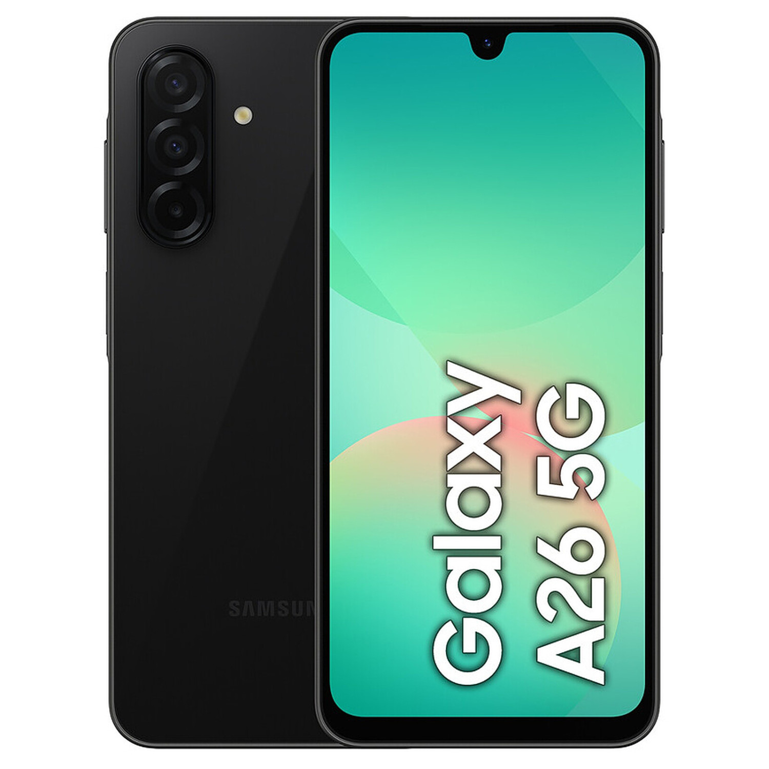 Samsung Galaxy A26 5G nero con tripla fotocamera e schermo intero.