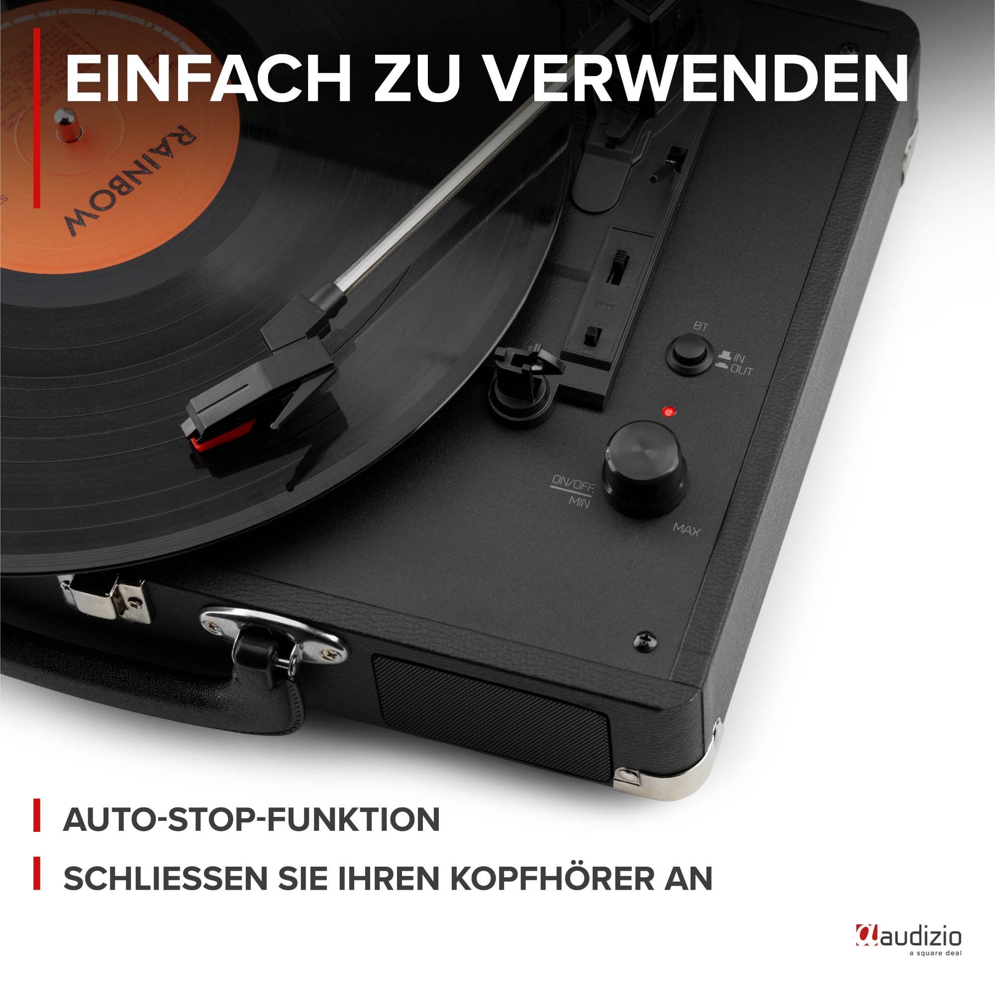 Black record player with vinyl and control buttons.