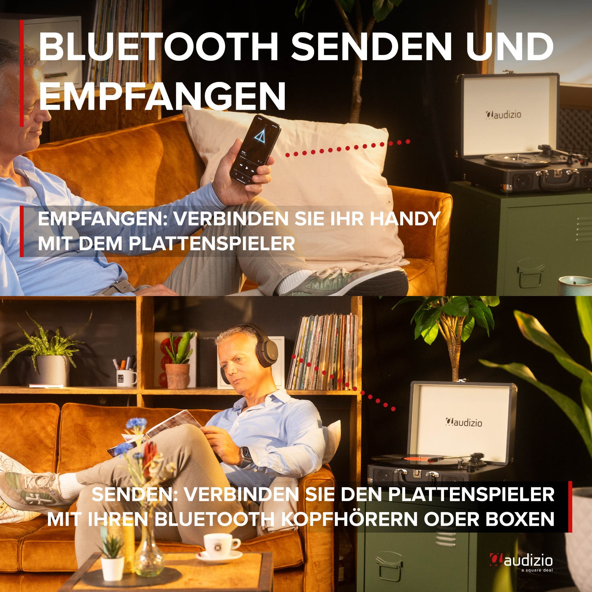 Man connects phone to record player and listens, man listens via headphones.