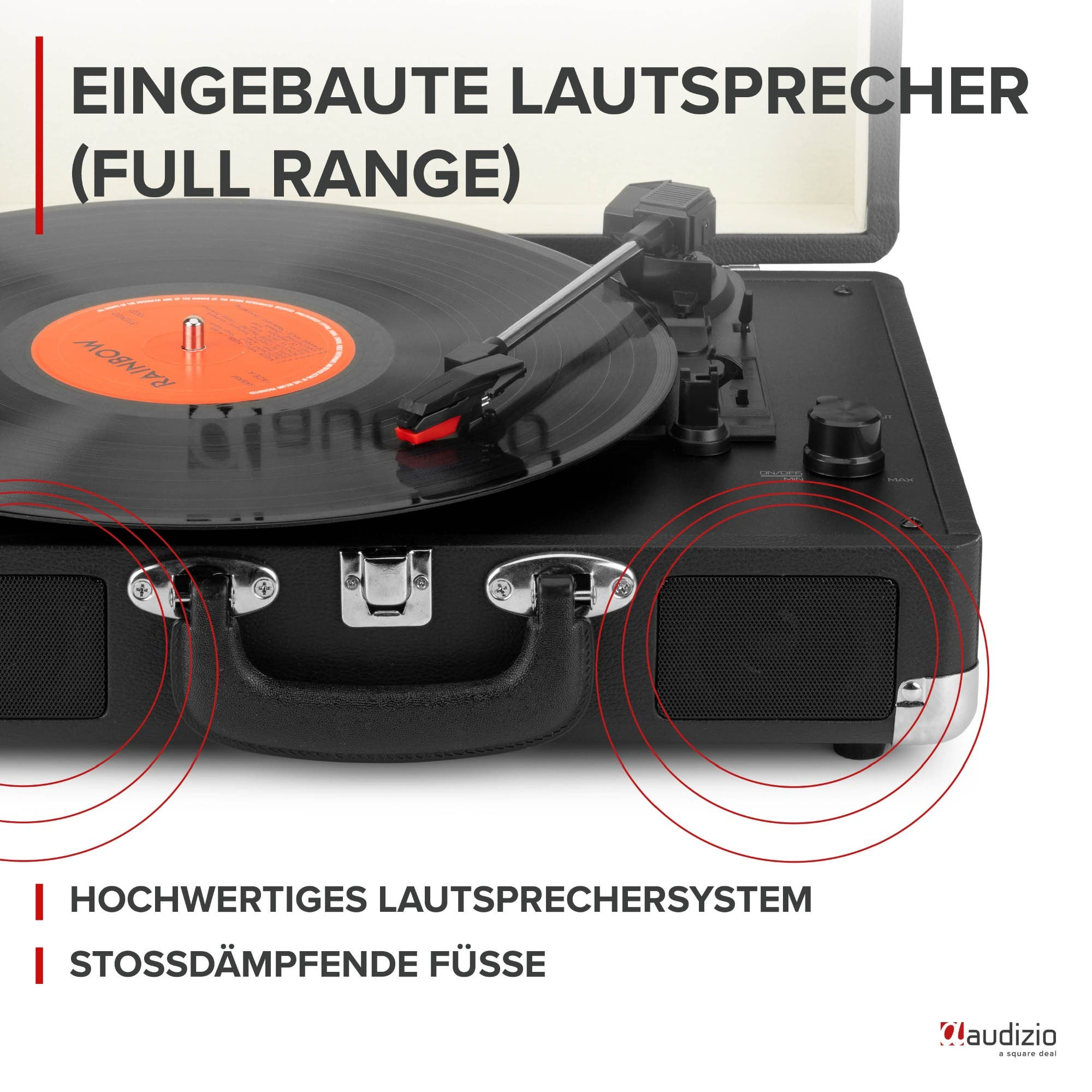 Black record player with vinyl and built-in speakers.