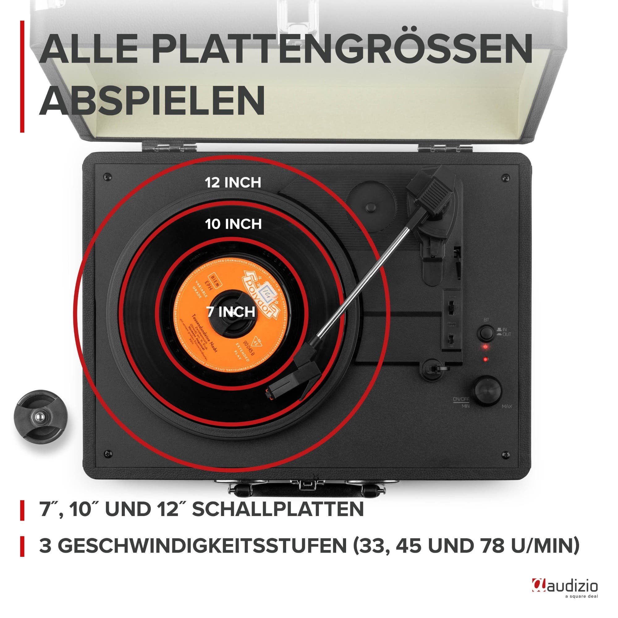 Turntable plays 7, 10, 12 inch records at 3 speeds.