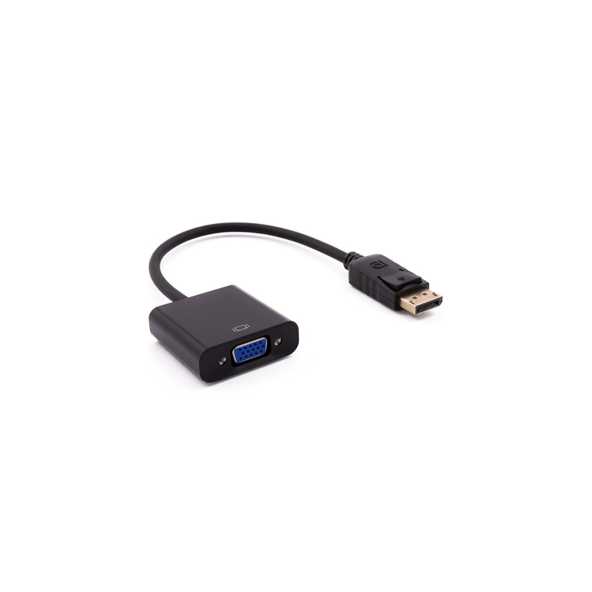 Un adaptador negro de DisplayPort a VGA con un puerto VGA azul.