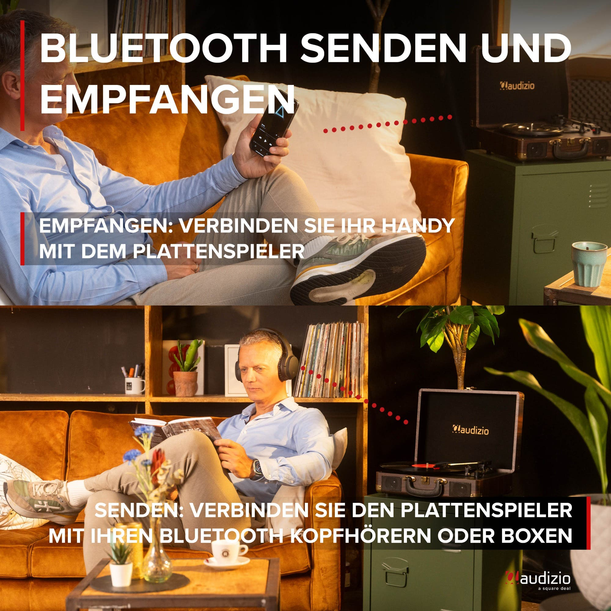 Mann verbindet Handy mit Plattenspieler und Kopfhörer mit Plattenspieler.