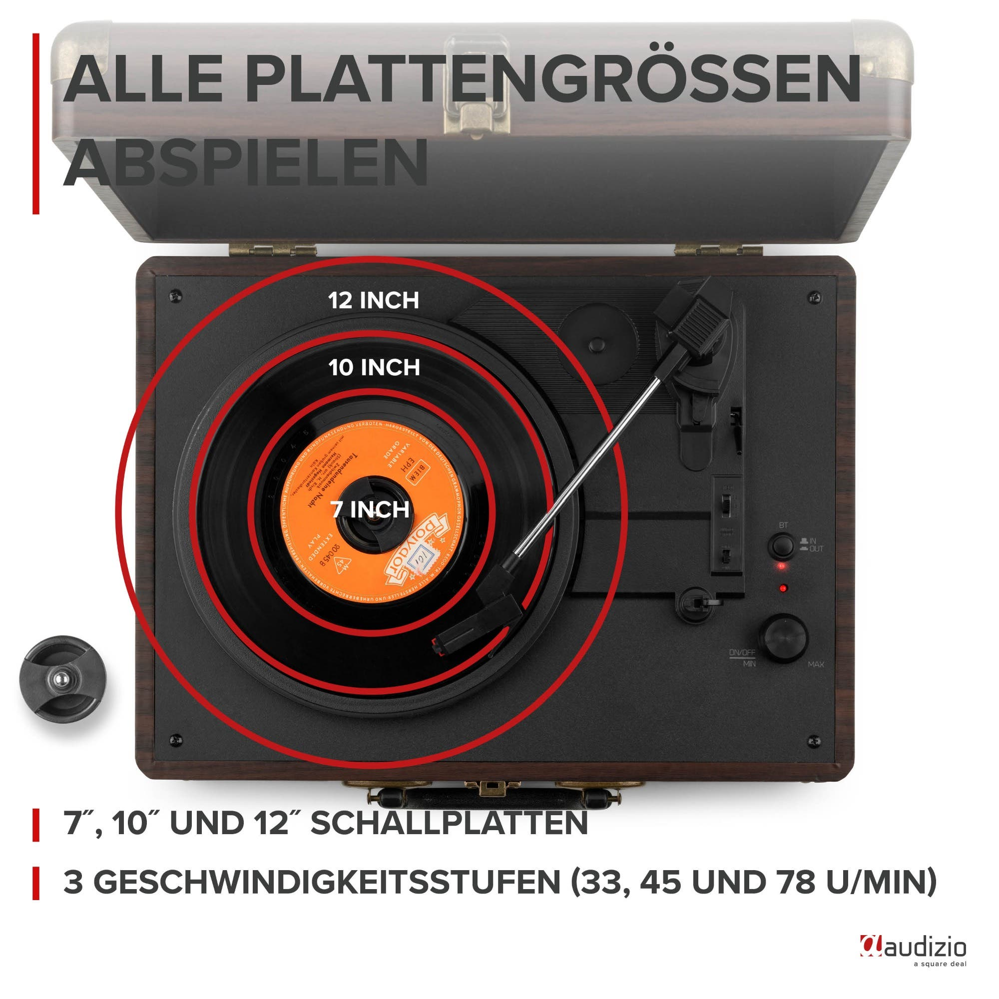 Plattenspieler mit 7", 10", 12" Schallplatten und 3 Geschwindigkeiten.