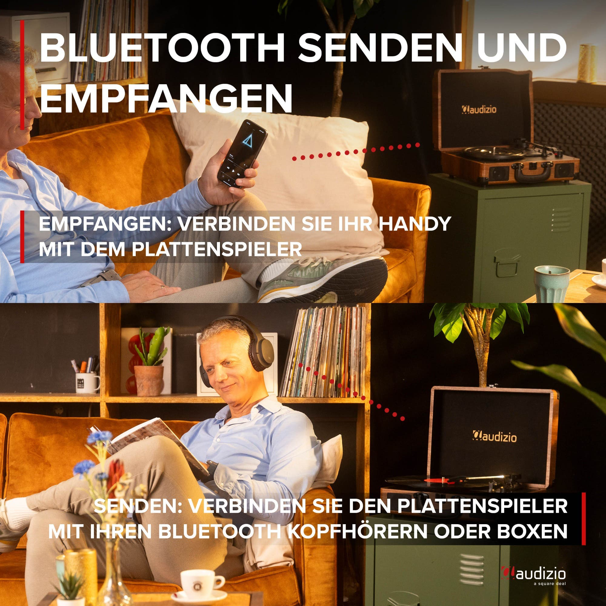 Mann verbindet Handy mit Plattenspieler, dann hört Musik mit Kopfhörern.