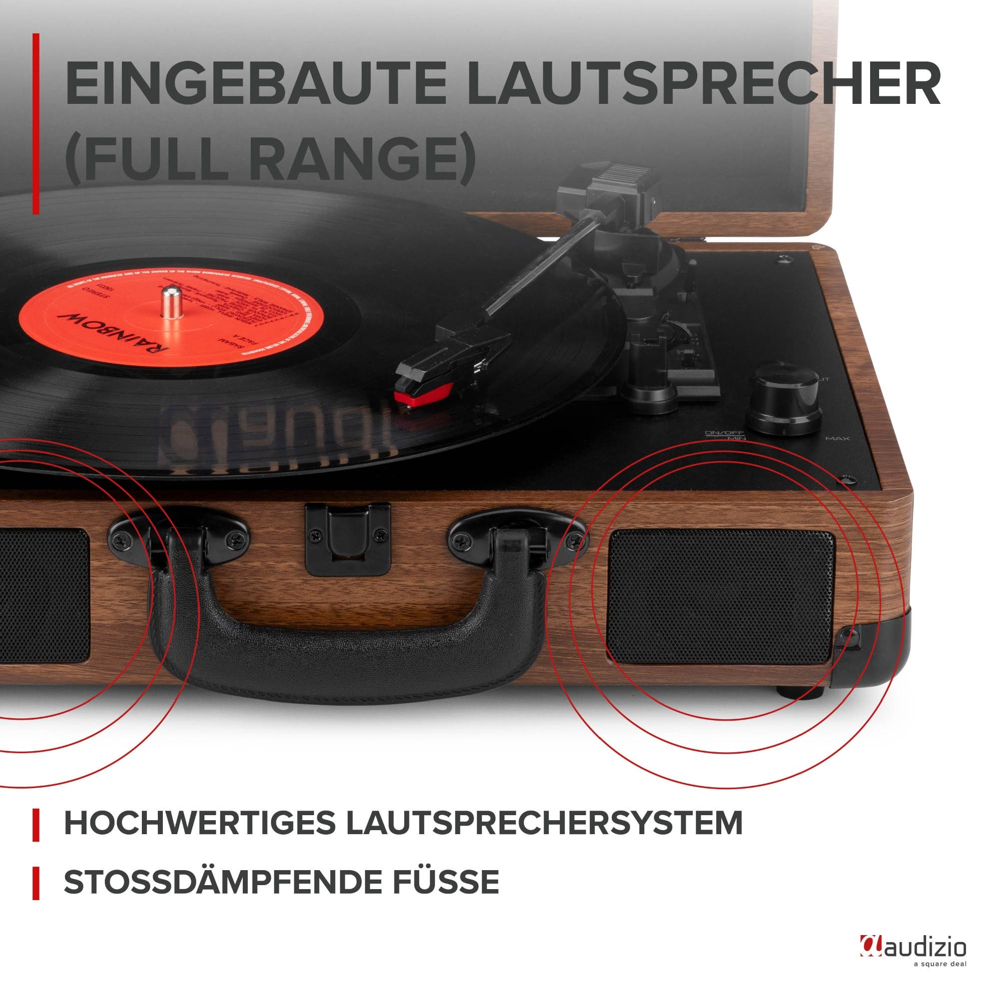 Holz Plattenspieler mit Vinyl und Lautsprechern. Eingebaute Lautsprecher.