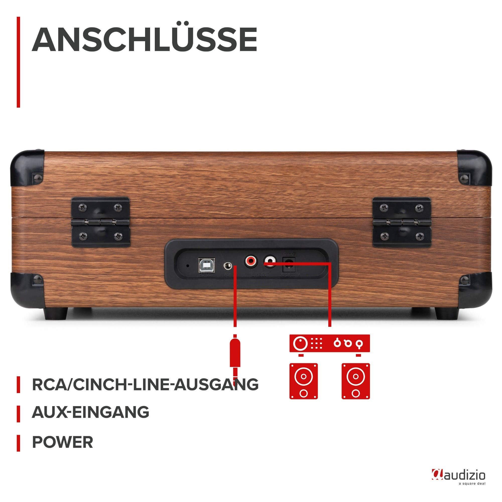 Rückseite eines Plattenspielers mit Anschlüssen: USB, Aux-In, Line-Out.