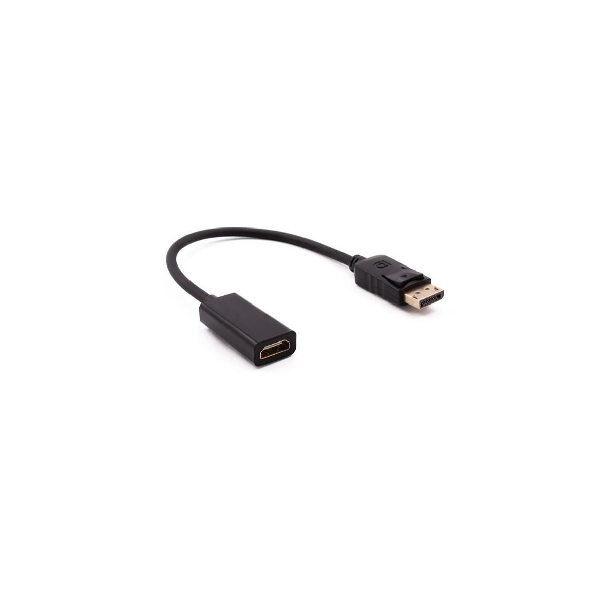 Ein schwarzer DisplayPort-zu-HDMI-Adapterkabel liegt auf weißem Hintergrund.