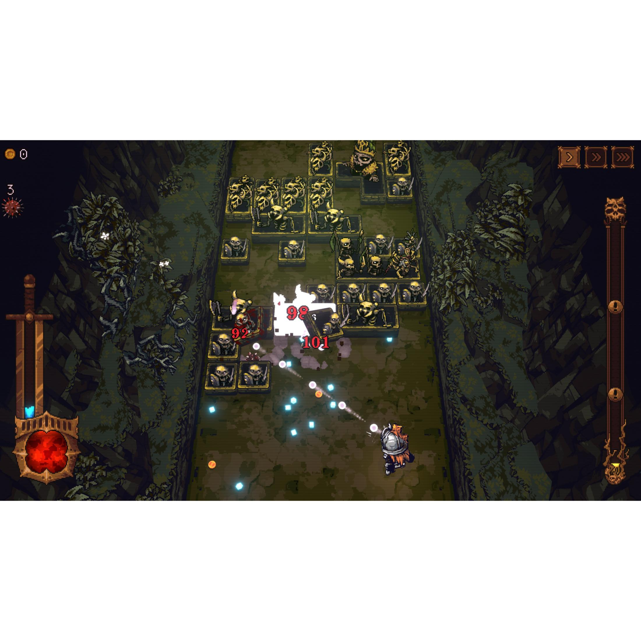 Escena de juego pixel art con un guerrero blindado disparando a esqueletos en sarcófagos.
