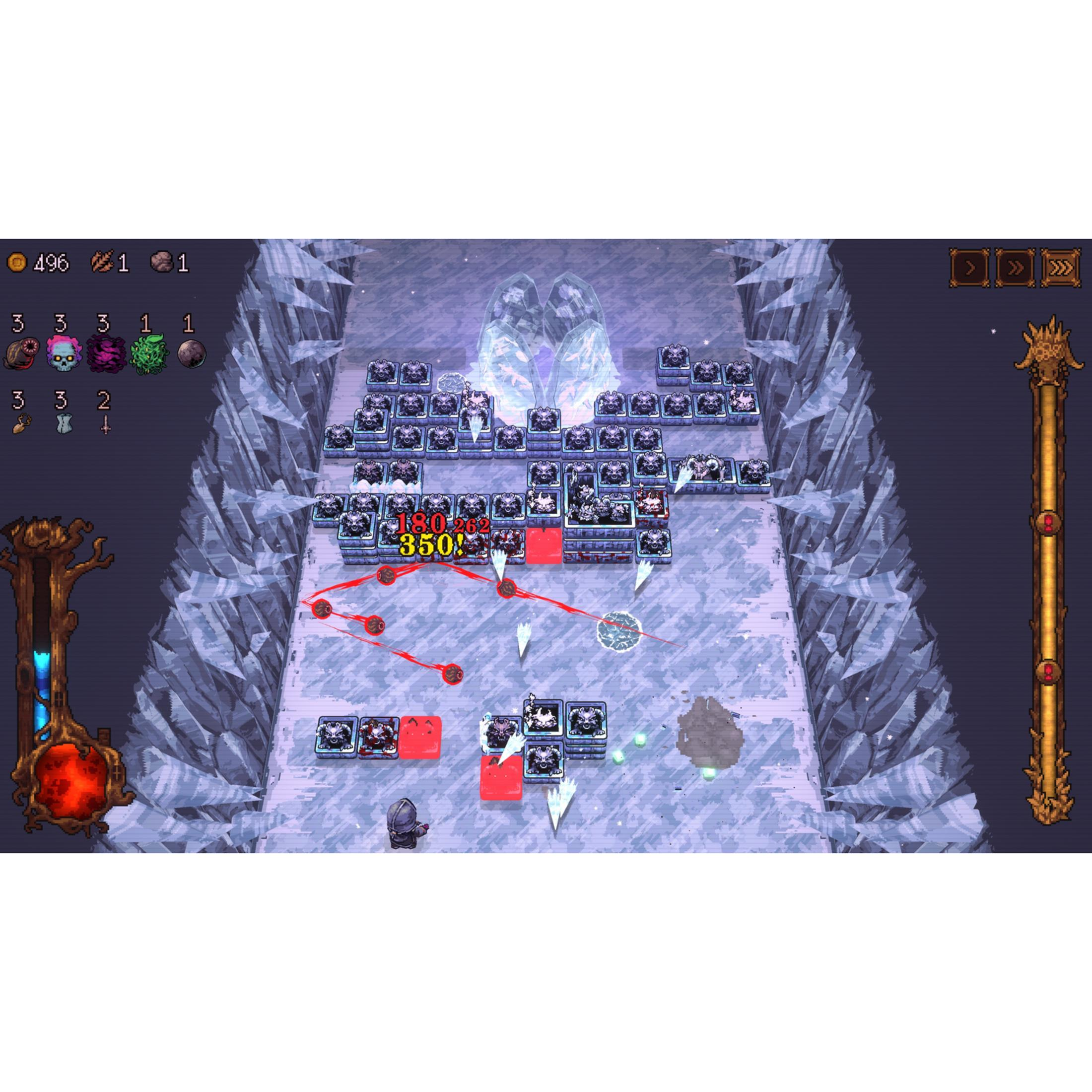 Un juego de fantasía helada con líneas de energía rojas y enemigos.