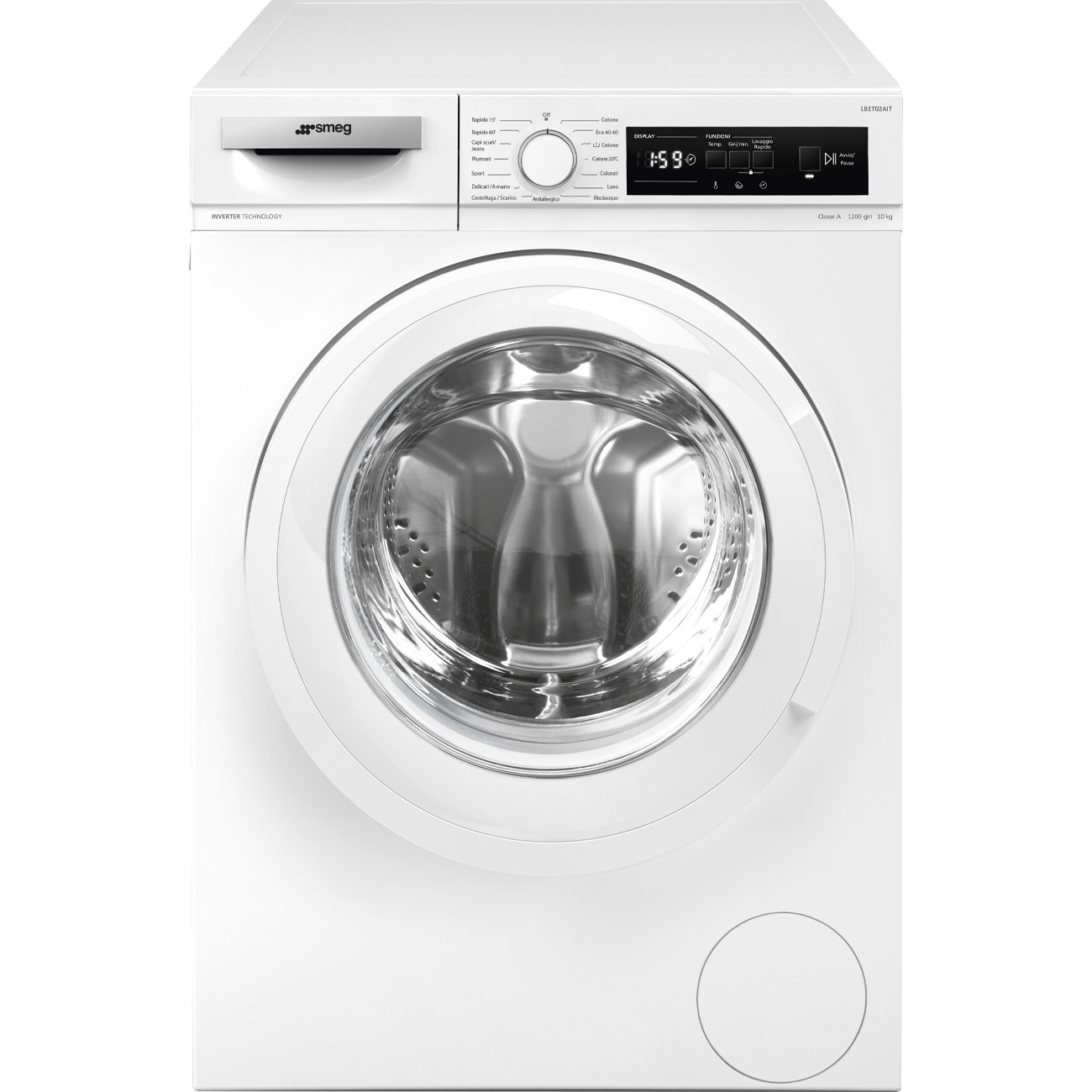 Una lavatrice Smeg bianca con display digitale e oblò rotondo.