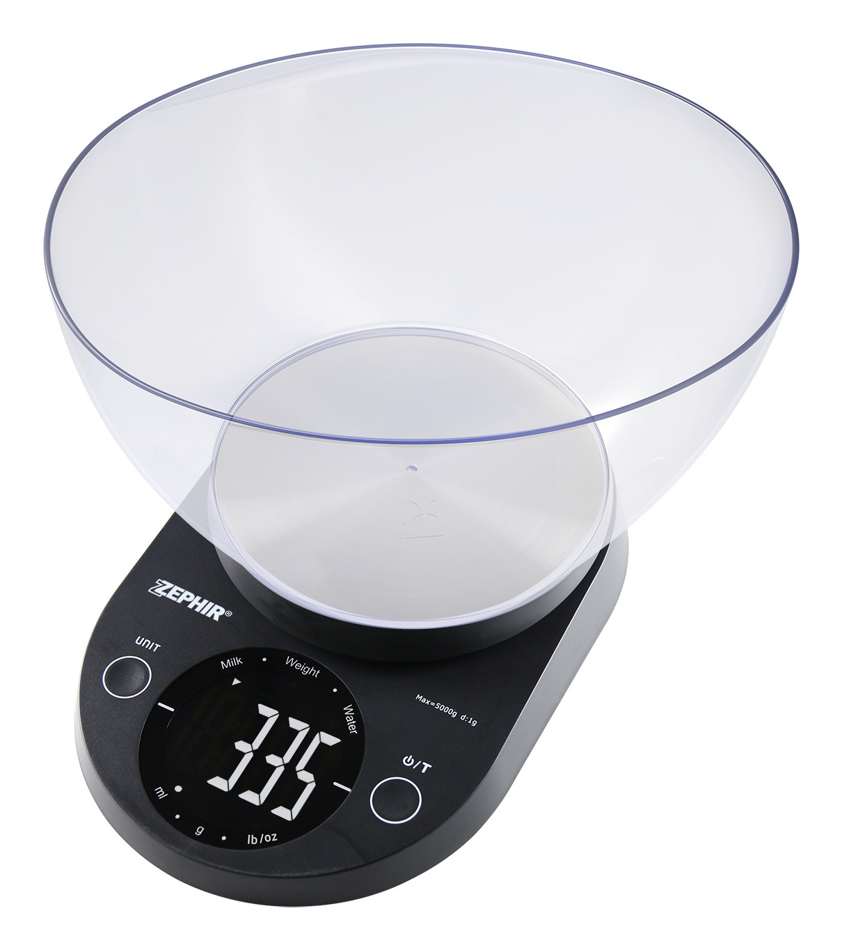 Schwarze Küchenwaage mit transparenter Schüssel und digitaler Anzeige von 335g.