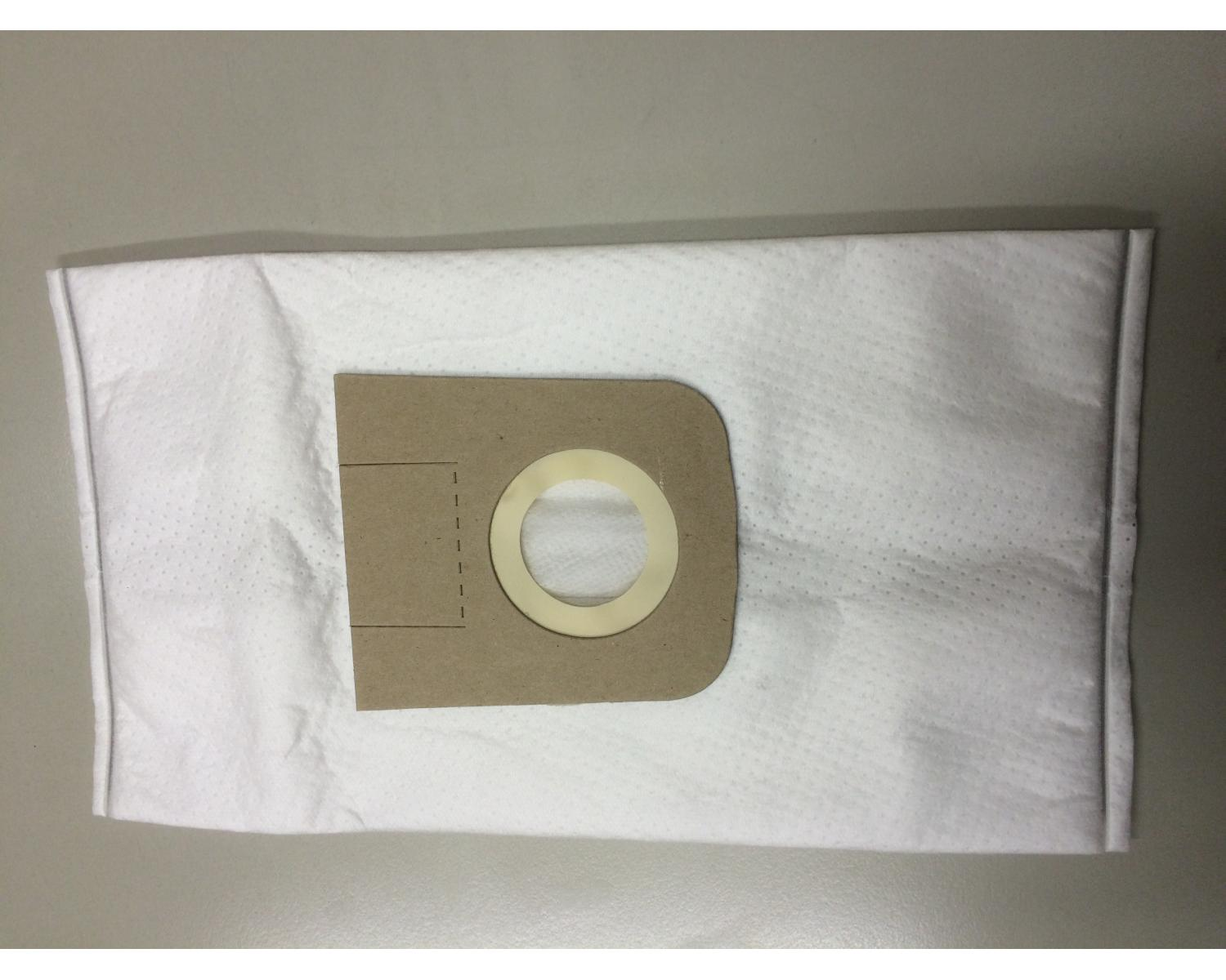 Un sacchetto aspirapolvere in carta bianca con connettore in cartone marrone e foro rotondo.