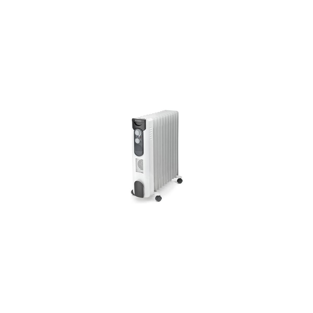 Ein weißer Öfenradiator mit Rädern und Bedienelementen.
