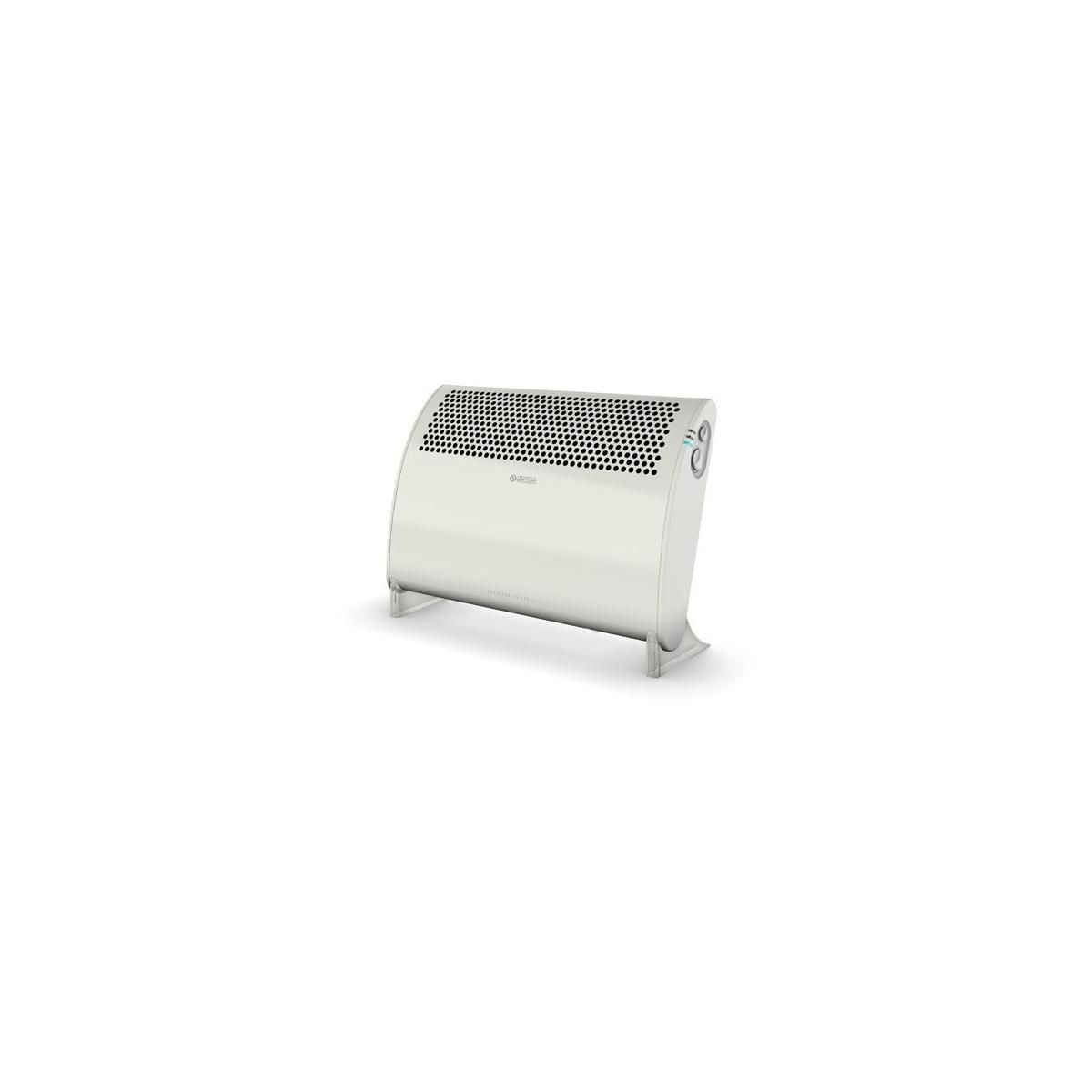 Un radiatore bianco con griglia di ventilazione e supporto.