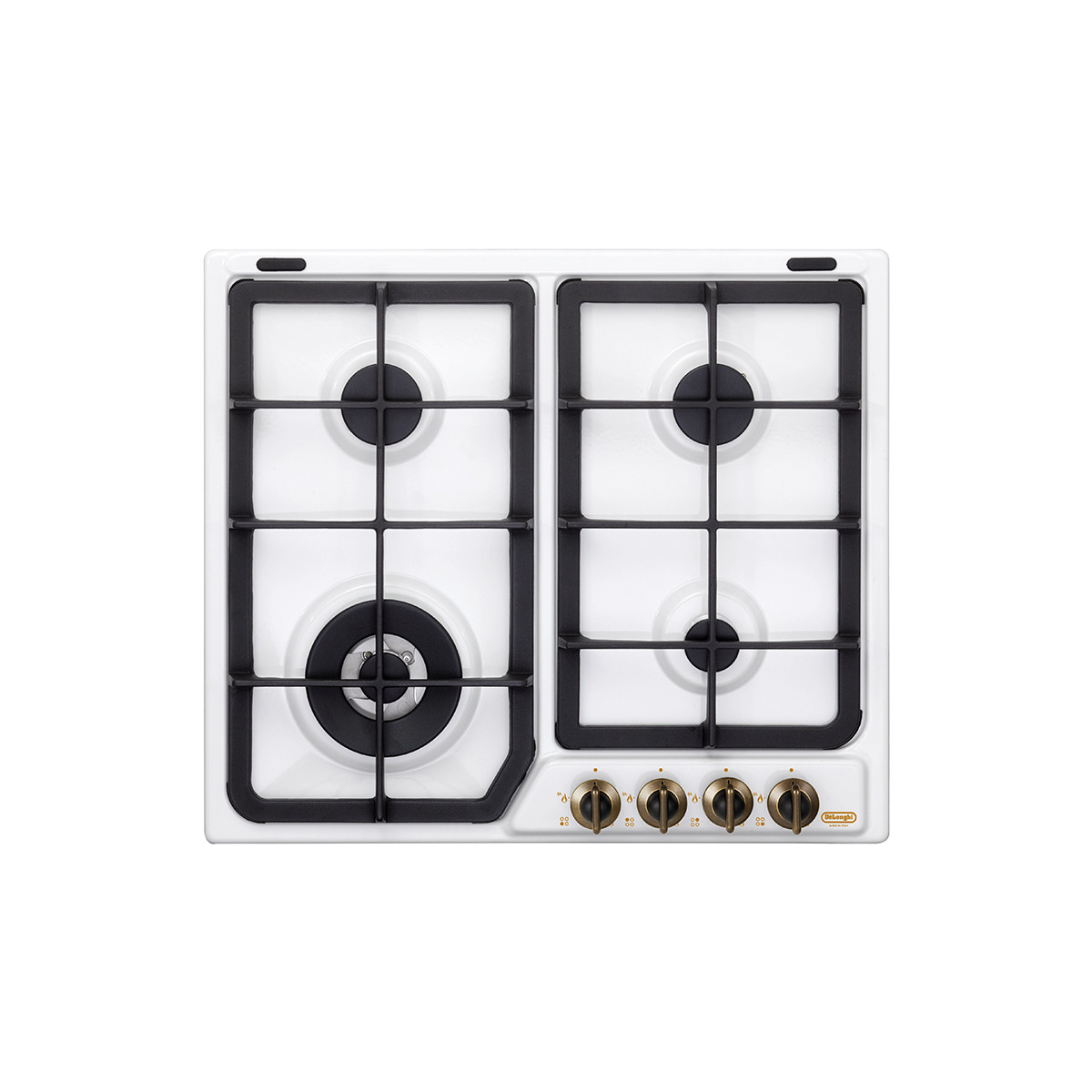 Un piano cottura a gas DeLonghi bianco con quattro fuochi e quattro manopole.