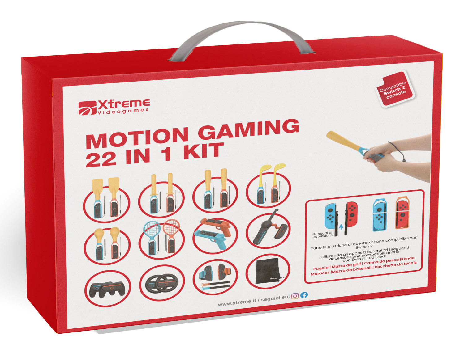 Scatola rossa con accessori per videogiochi: pagaie, mazze, pistola, volante.