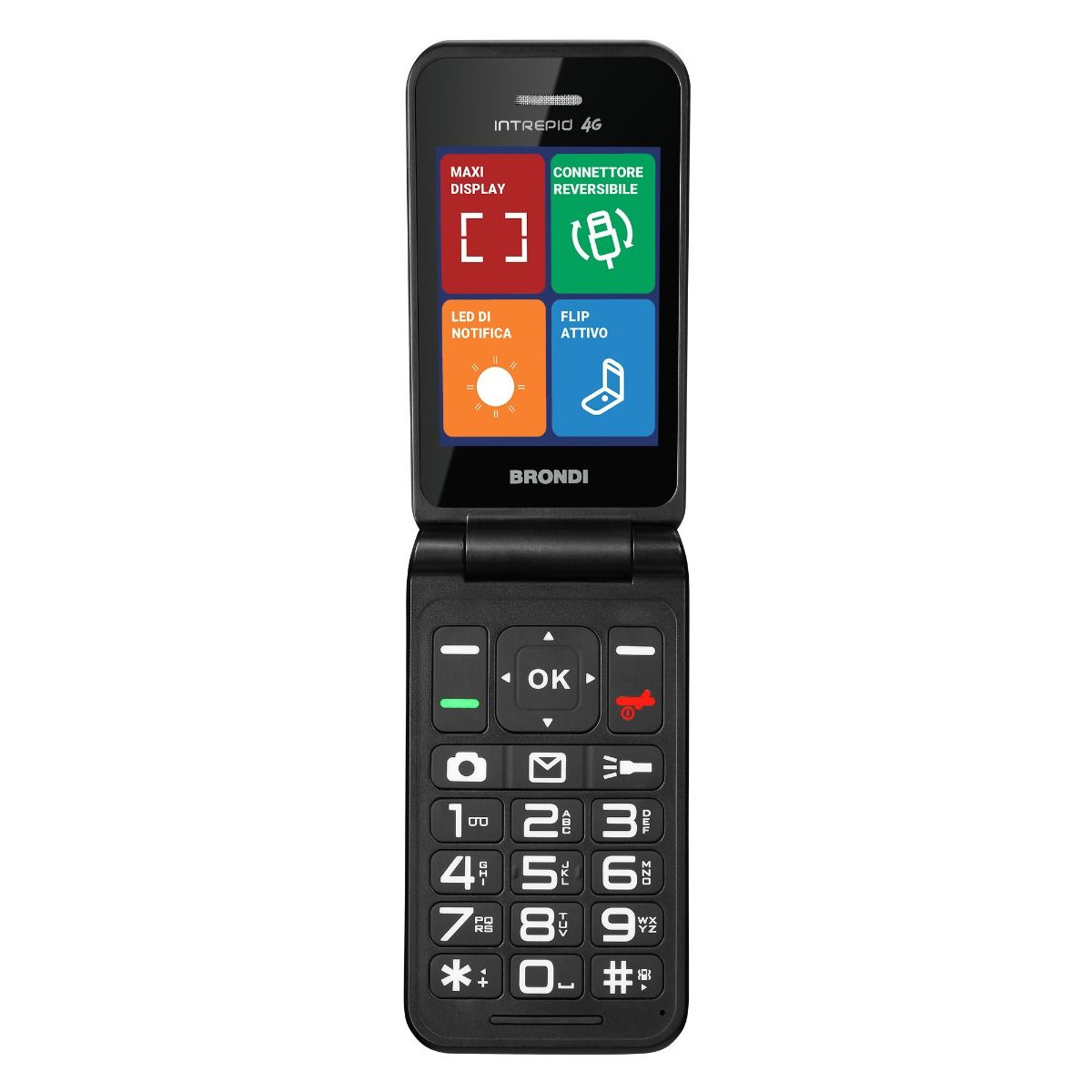 Un telefono a conchiglia nero Brondi con ampio display e tastiera.