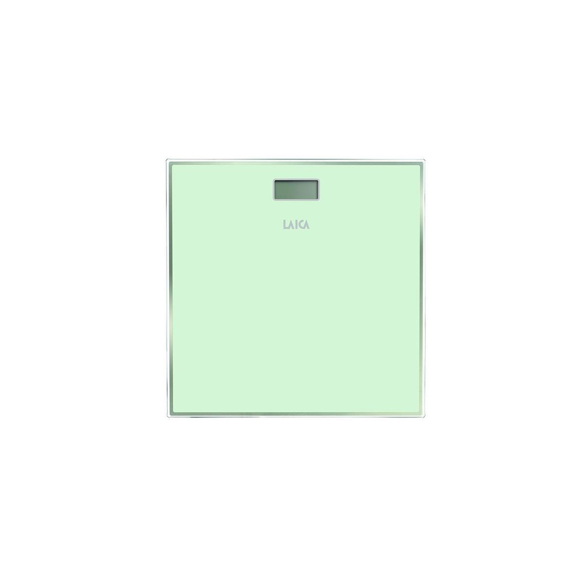 Una bilancia digitale verde chiaro con bordo argento e piccolo display.
