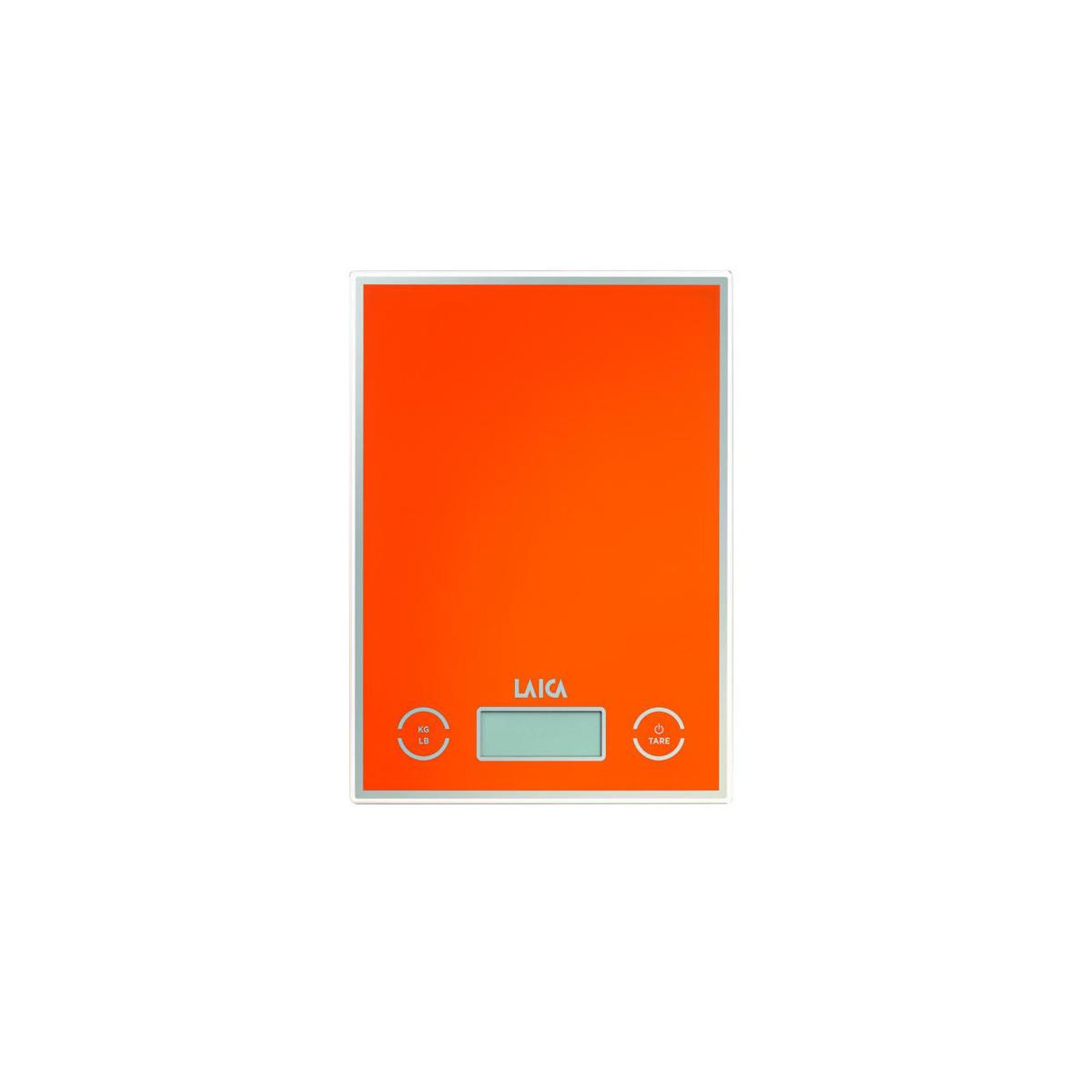 Una bilancia da cucina digitale arancione con display LCD e pulsanti.