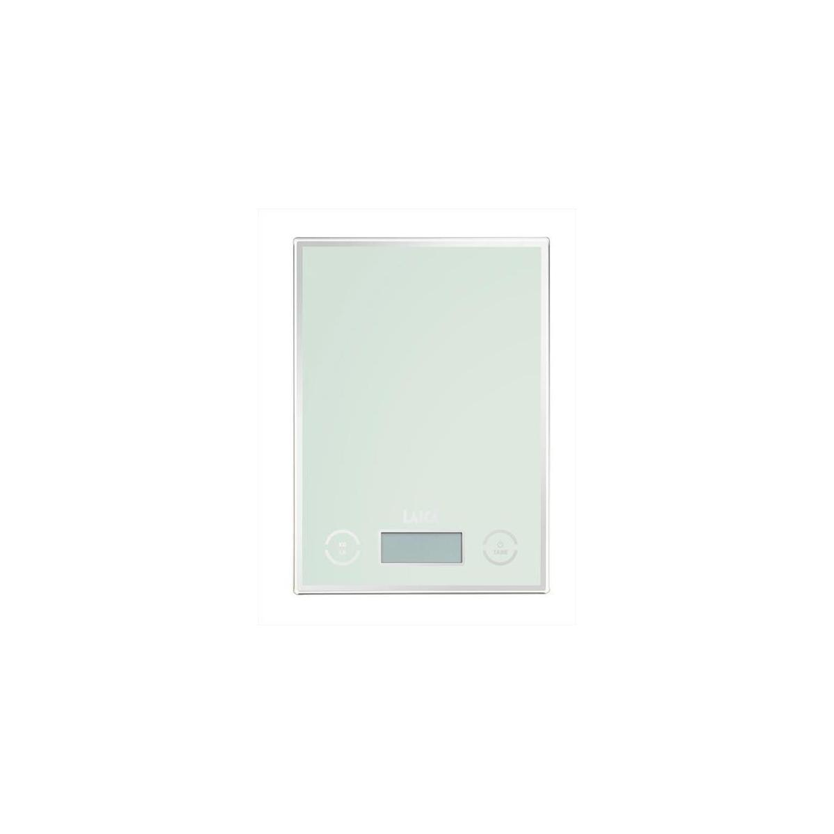 A light-colored, rectangular digital kitchen scale with a glass surface and LCD display.